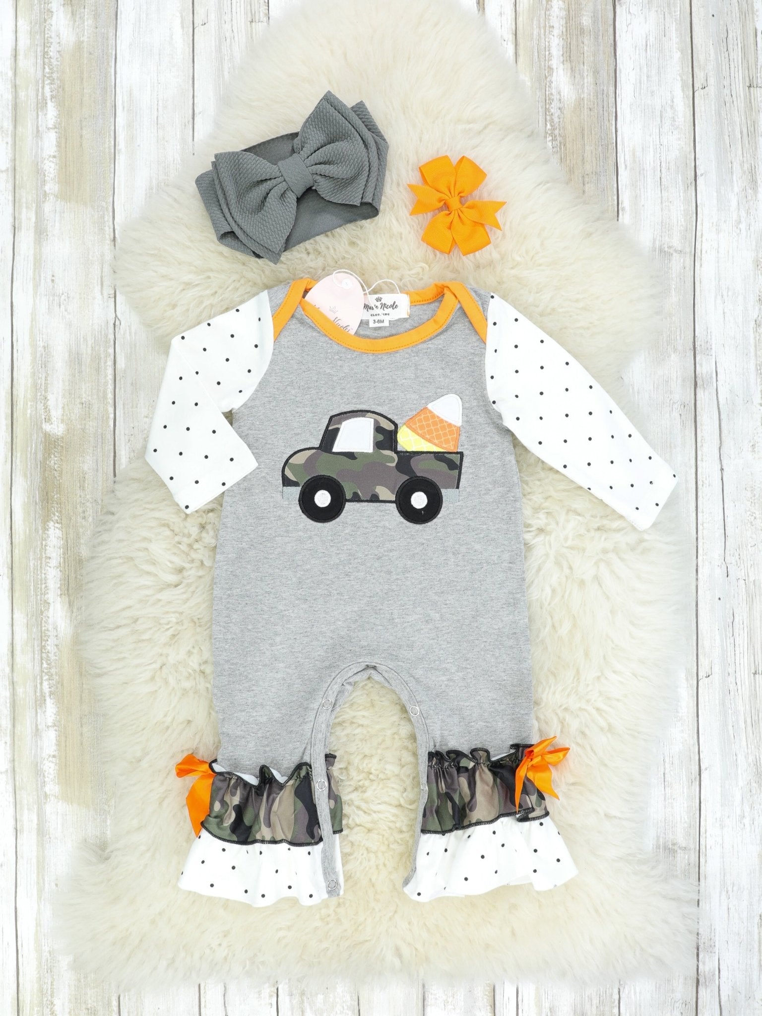 Camo Candy Corn Truck Ruffle Romper - Marie Nicole Clothing