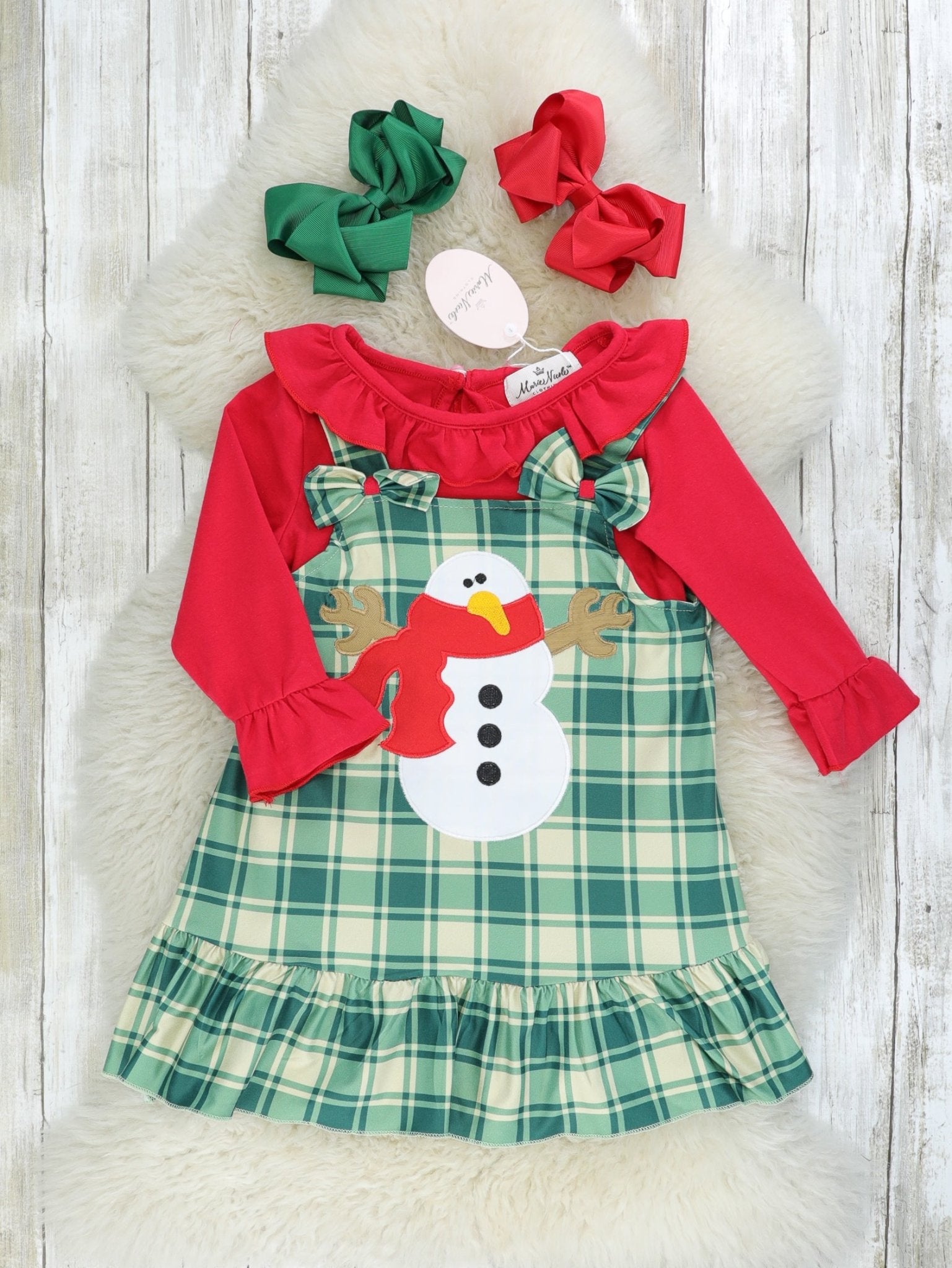 Green Plaid Snowman Ruffle Dress W/ Red Shirt - Marie Nicole Clothing