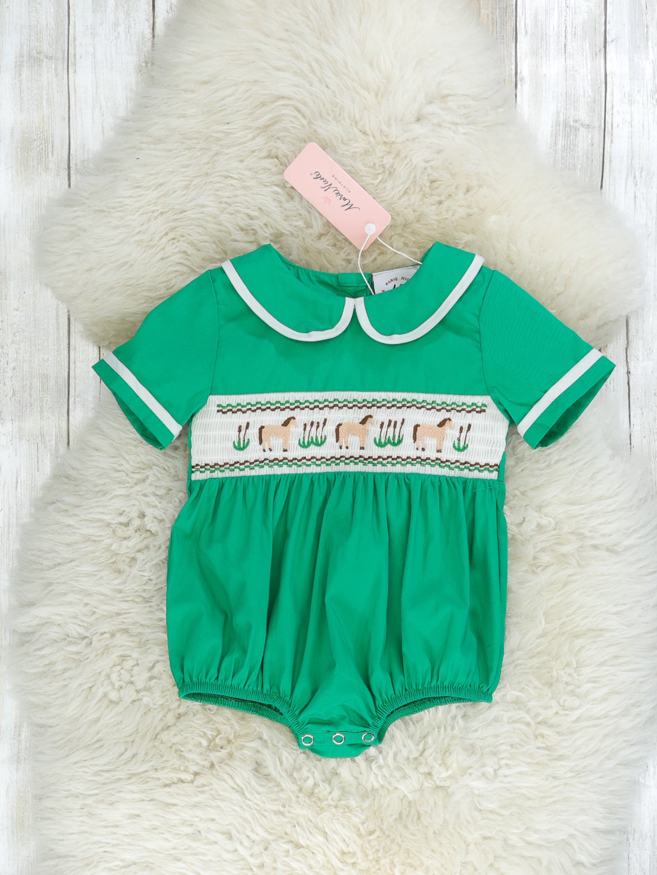 Green Smocked Horse Vintage Romper - Marie Nicole Clothing
