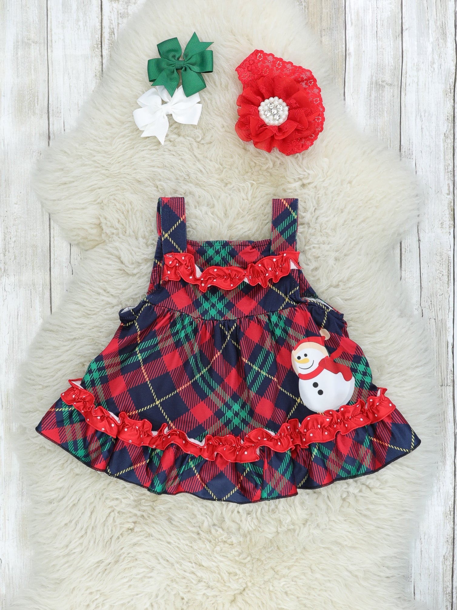 Plaid Snowman Ruffle Romper W/ White Top - Marie Nicole Clothing