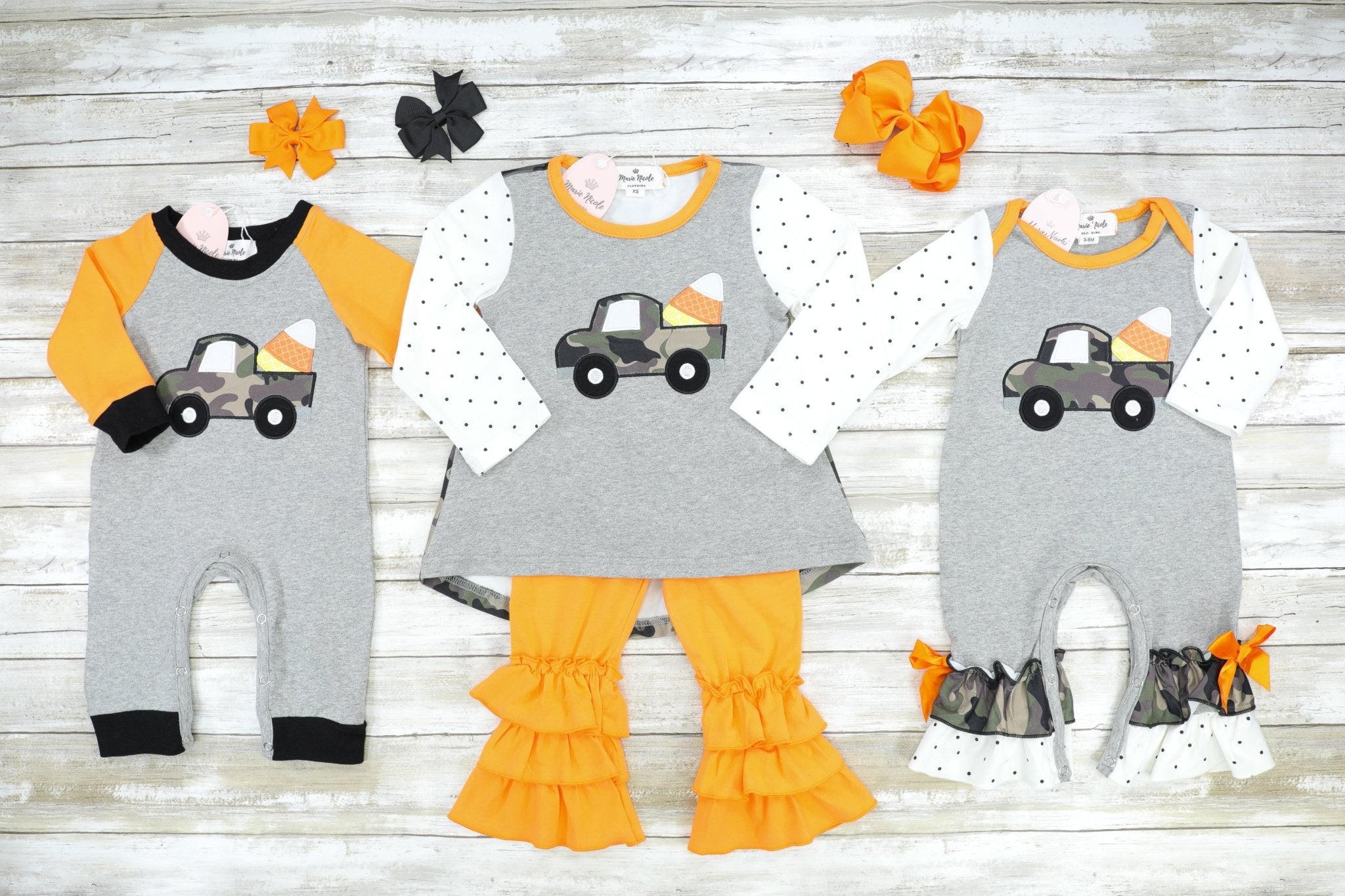 Camo Candy Corn Truck Ruffle Romper - Marie Nicole Clothing
