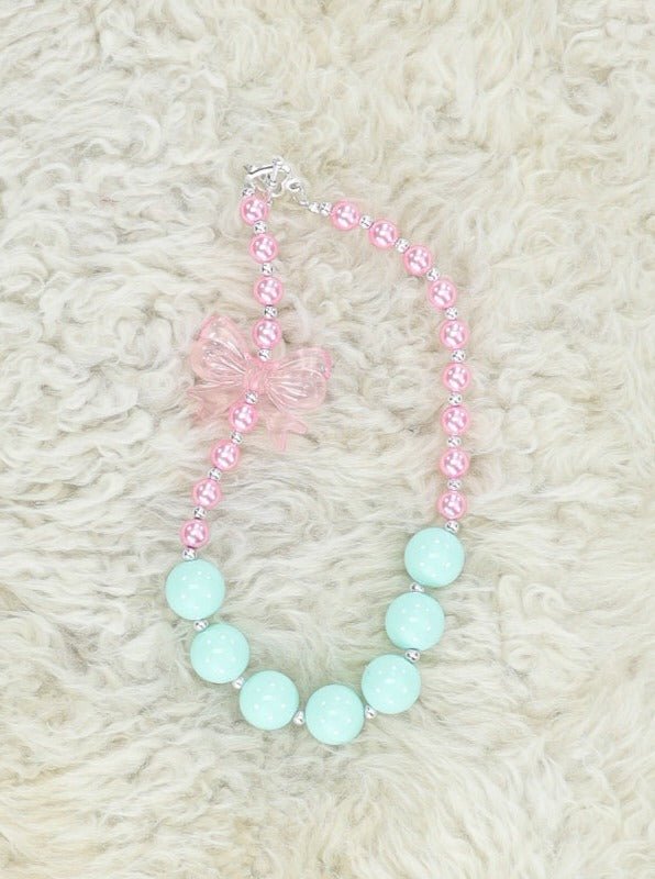 Mint & Pink Bow Bubblegum Necklace - Marie Nicole Clothing