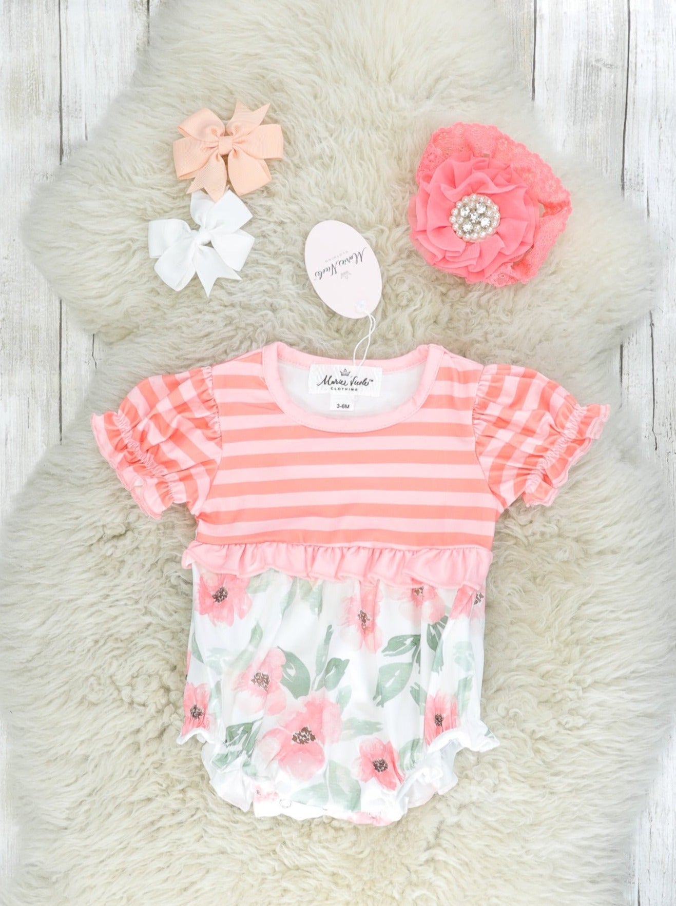 Peach Floral Ruffle Bubble Romper - Marie Nicole Clothing