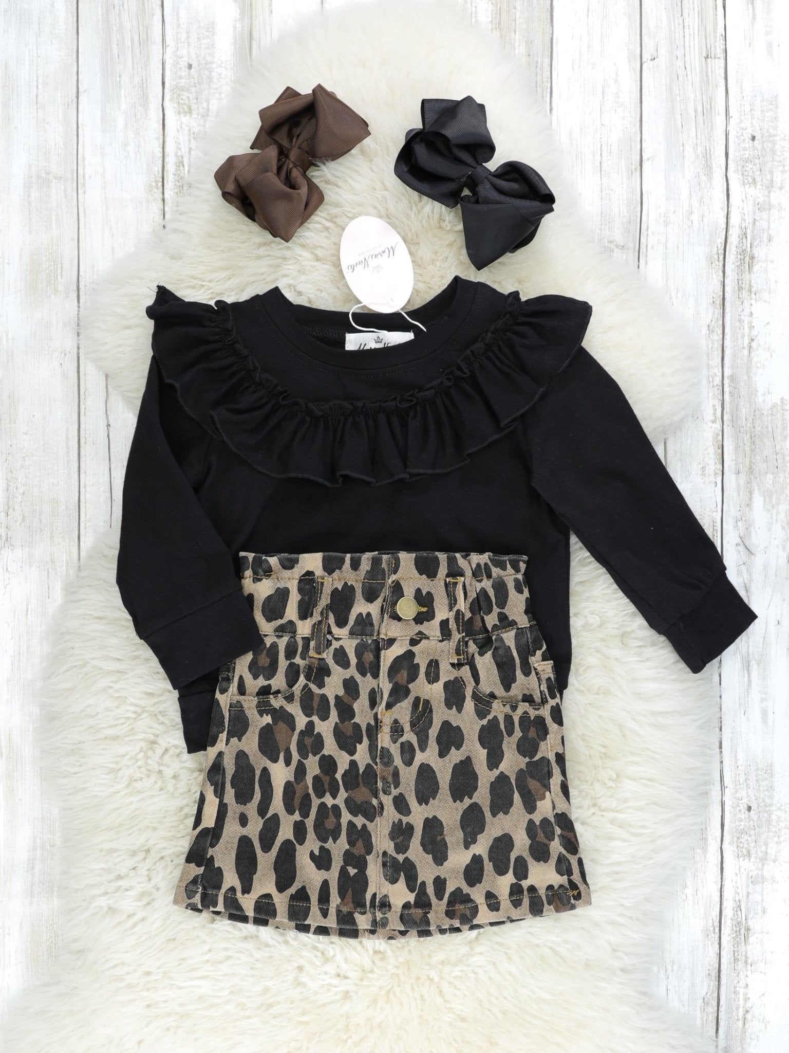 Black Ruffle Top & Leopard Skirt Outfit - Marie Nicole Clothing