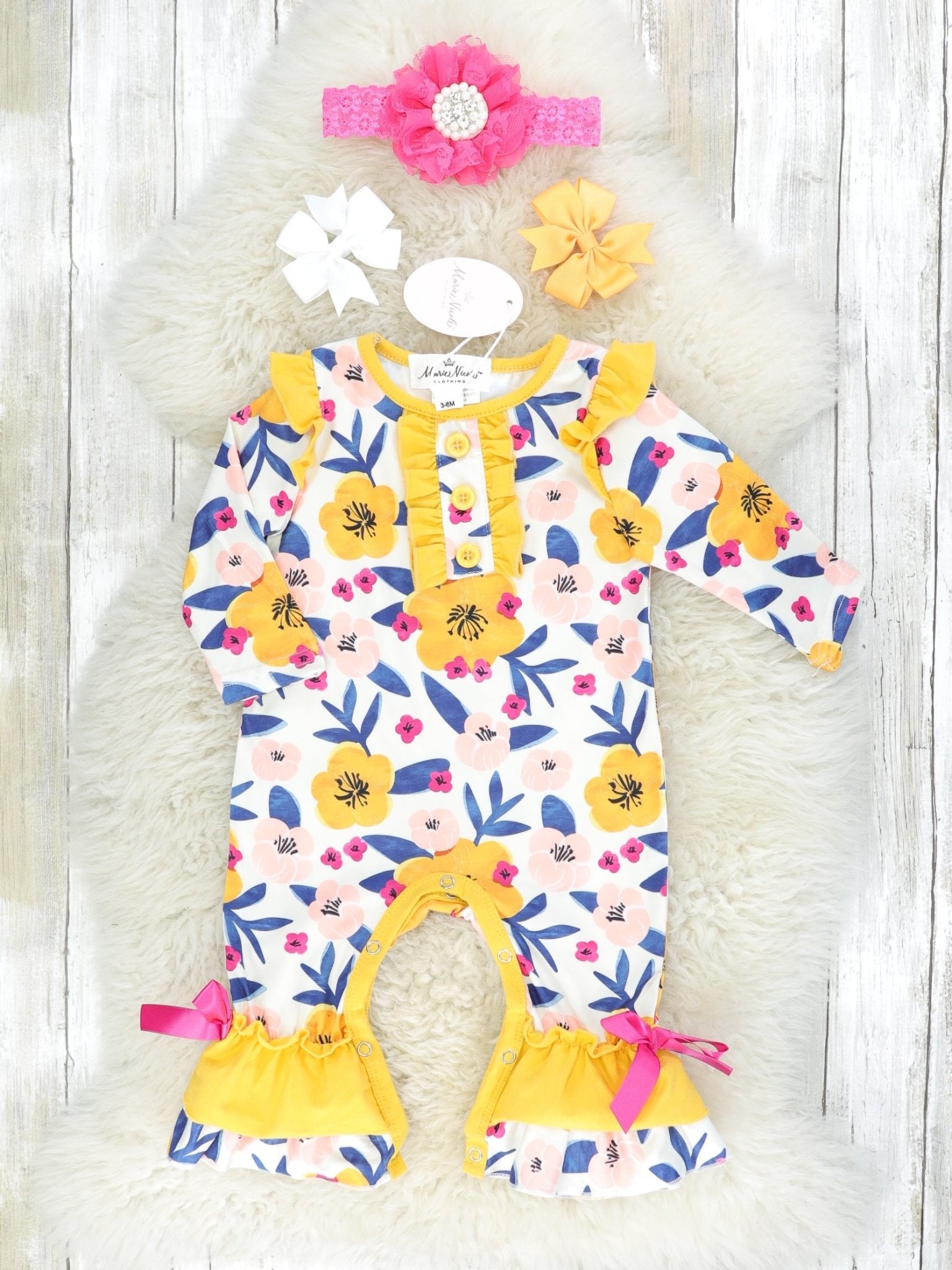 Mustard & Navy Floral Ruffle Romper - Marie Nicole Clothing