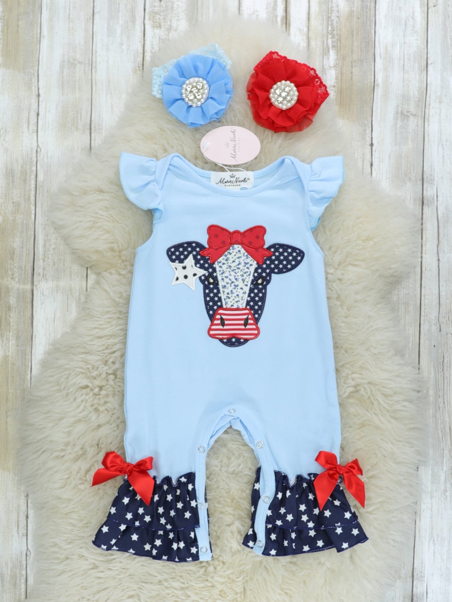Patriotic Cow Ruffle Romper - Marie Nicole Clothing