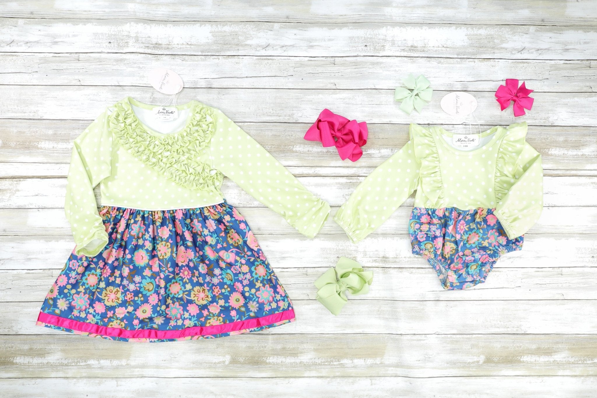 Green, Navy & Pink Floral Ruffle Romper - Marie Nicole Clothing