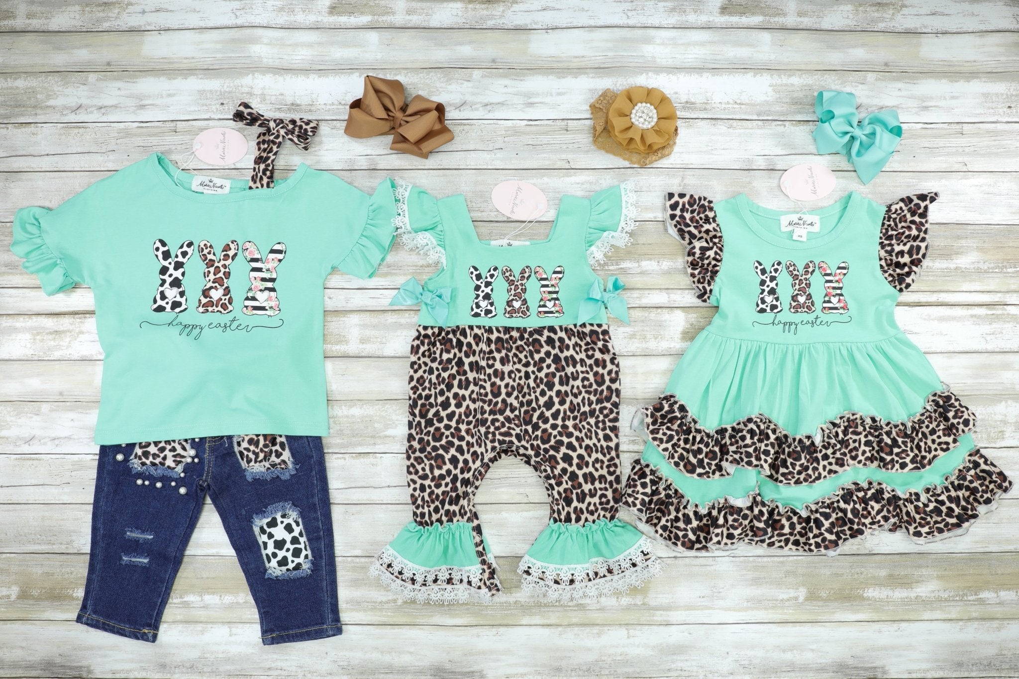 Mint Leopard Bunnies Ruffle Denim Outfit - Marie Nicole Clothing