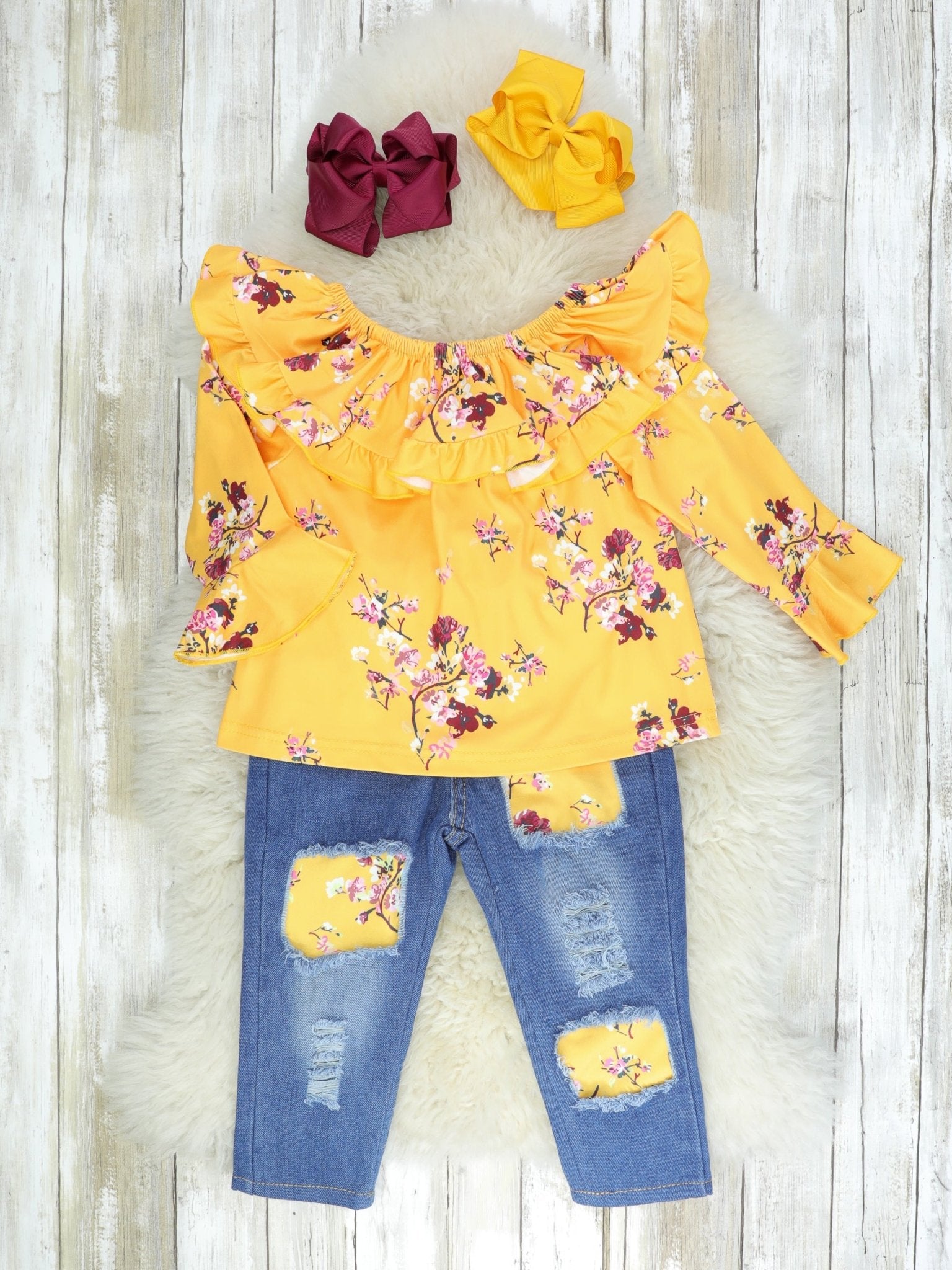 Mustard & Pink Floral Off The Shoulder Distressed Denim Outfit - Marie Nicole Clothing