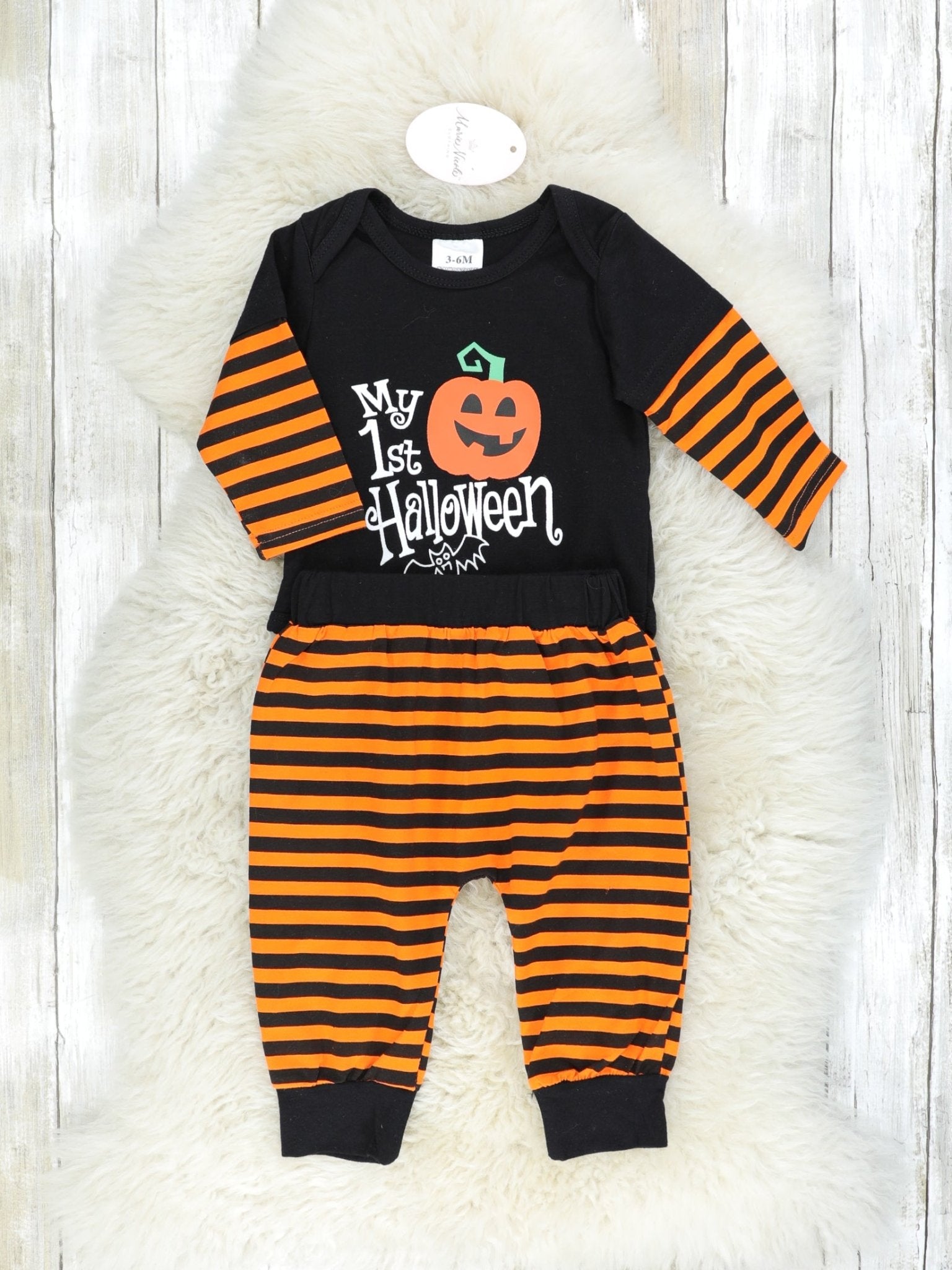 "My First Halloween" Onesie & Orange Striped Joggers Outfit - Marie Nicole Clothing