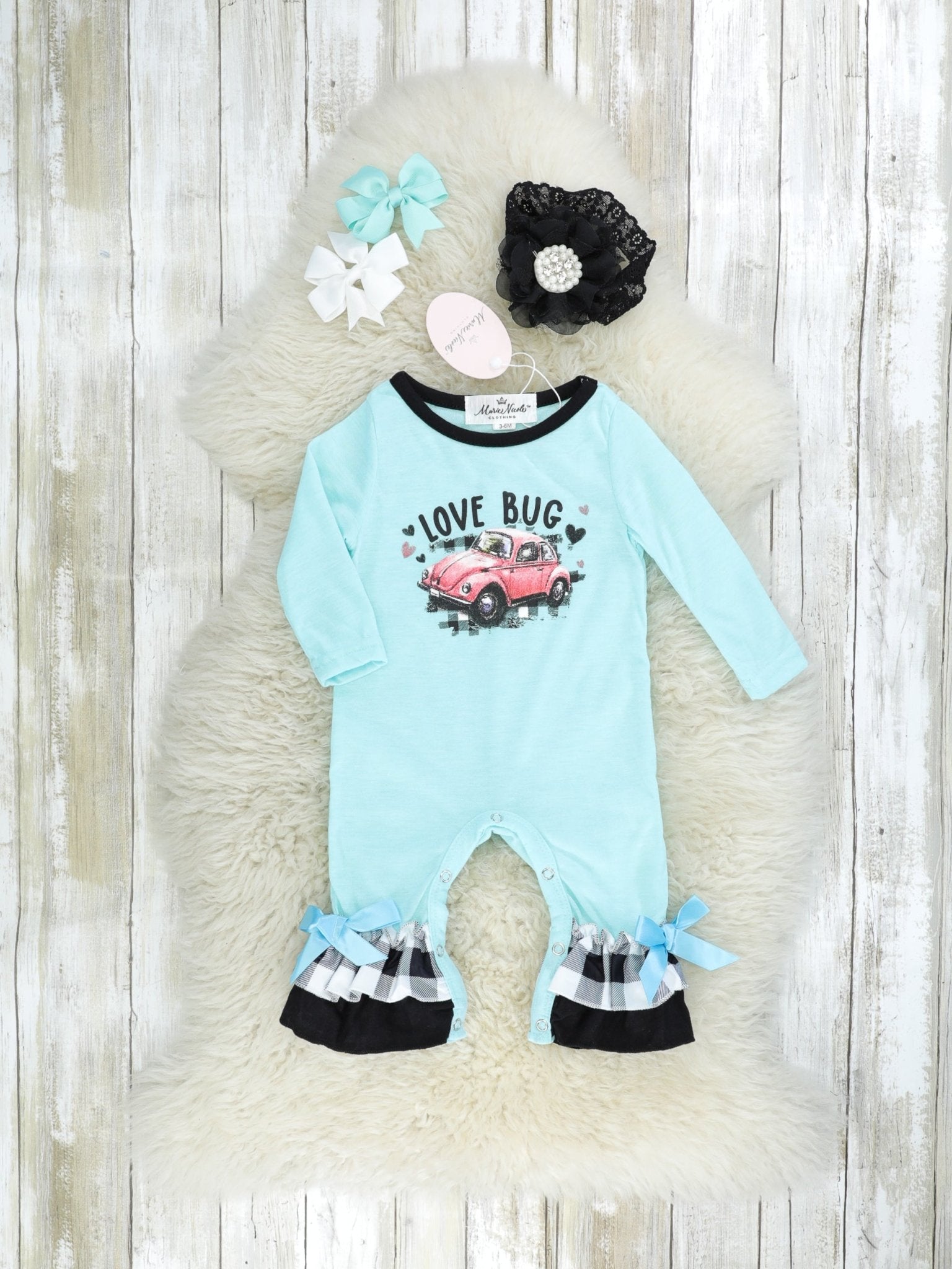 Blue "Love Bug" Gingham Ruffle Romper - Marie Nicole Clothing
