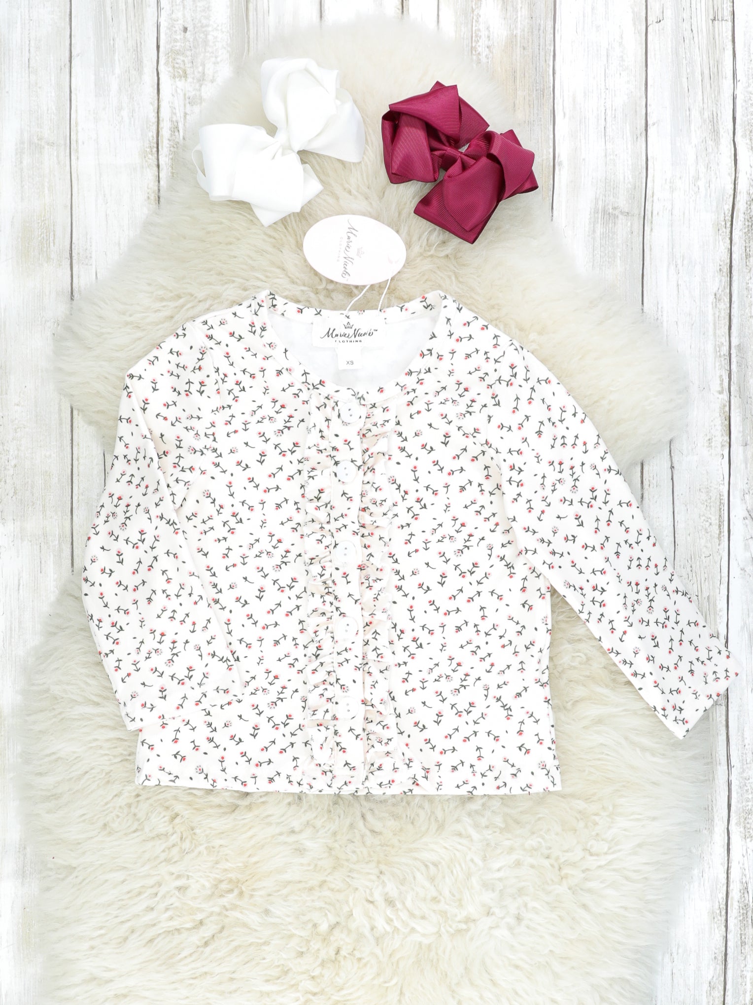 Ditsy Floral Button Top & Mulberry Overall Dress Outfit - Marie Nicole Clothing