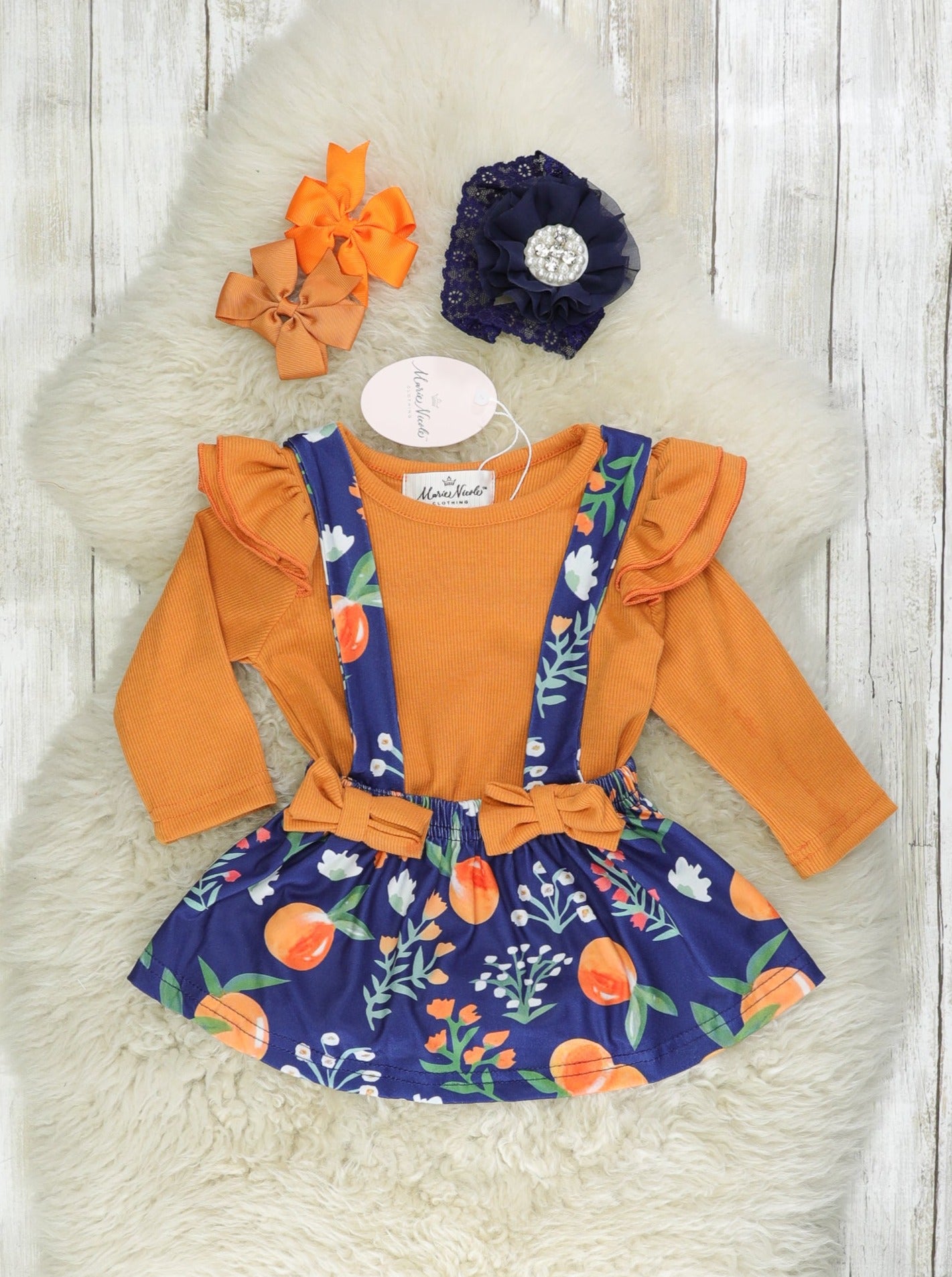 Navy & Burnt Orange Persimmon Suspender Skirt Set - Marie Nicole Clothing