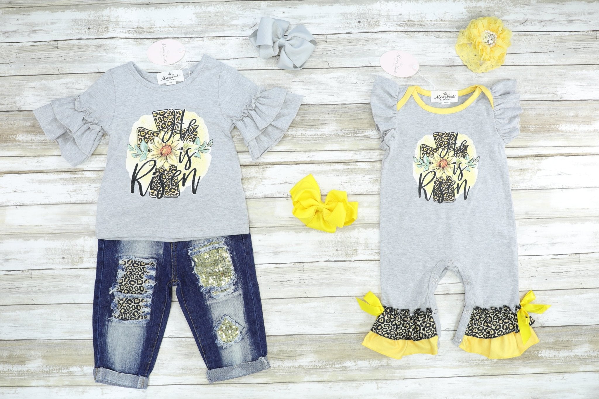 "He Is Risen" Ruffle Top & Distressed Denim Outfit - Marie Nicole Clothing