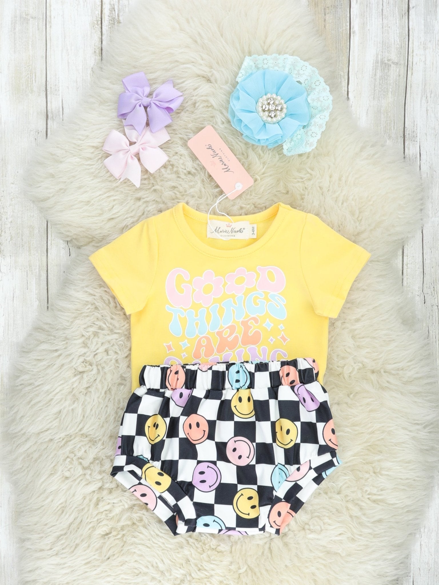 "Good Things" Smiley Check Bloomers Outfit - Marie Nicole Clothing