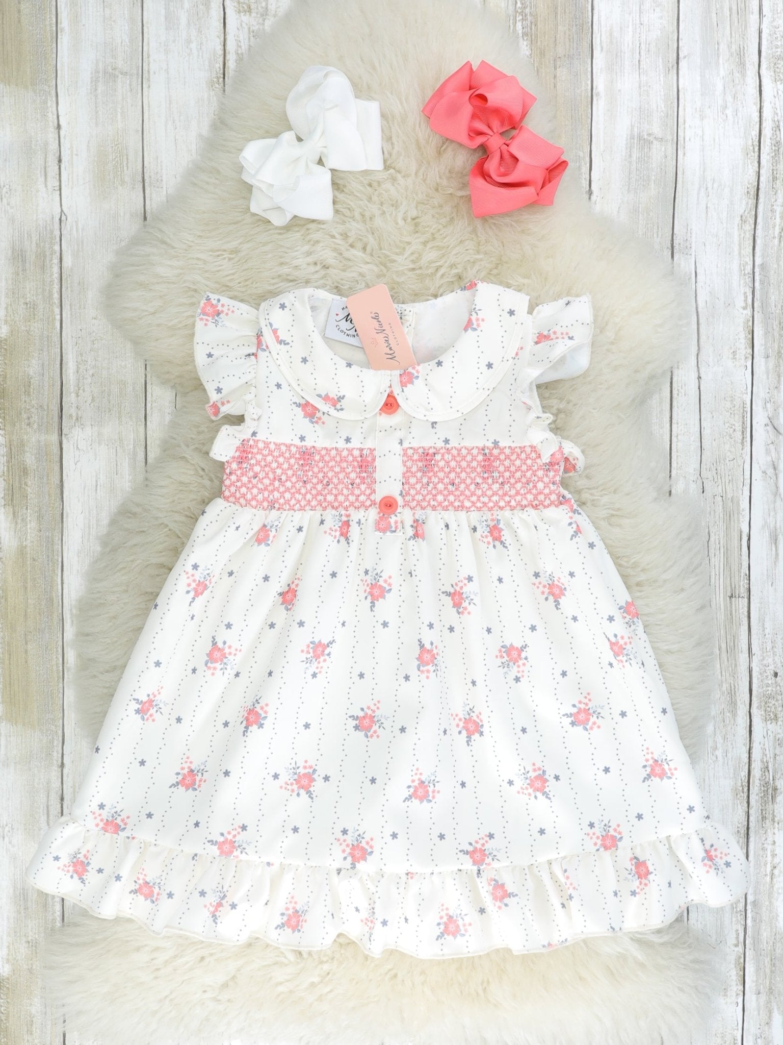 Punch Pink Smocked Floral Vintage Ruffle Dress - Marie Nicole Clothing