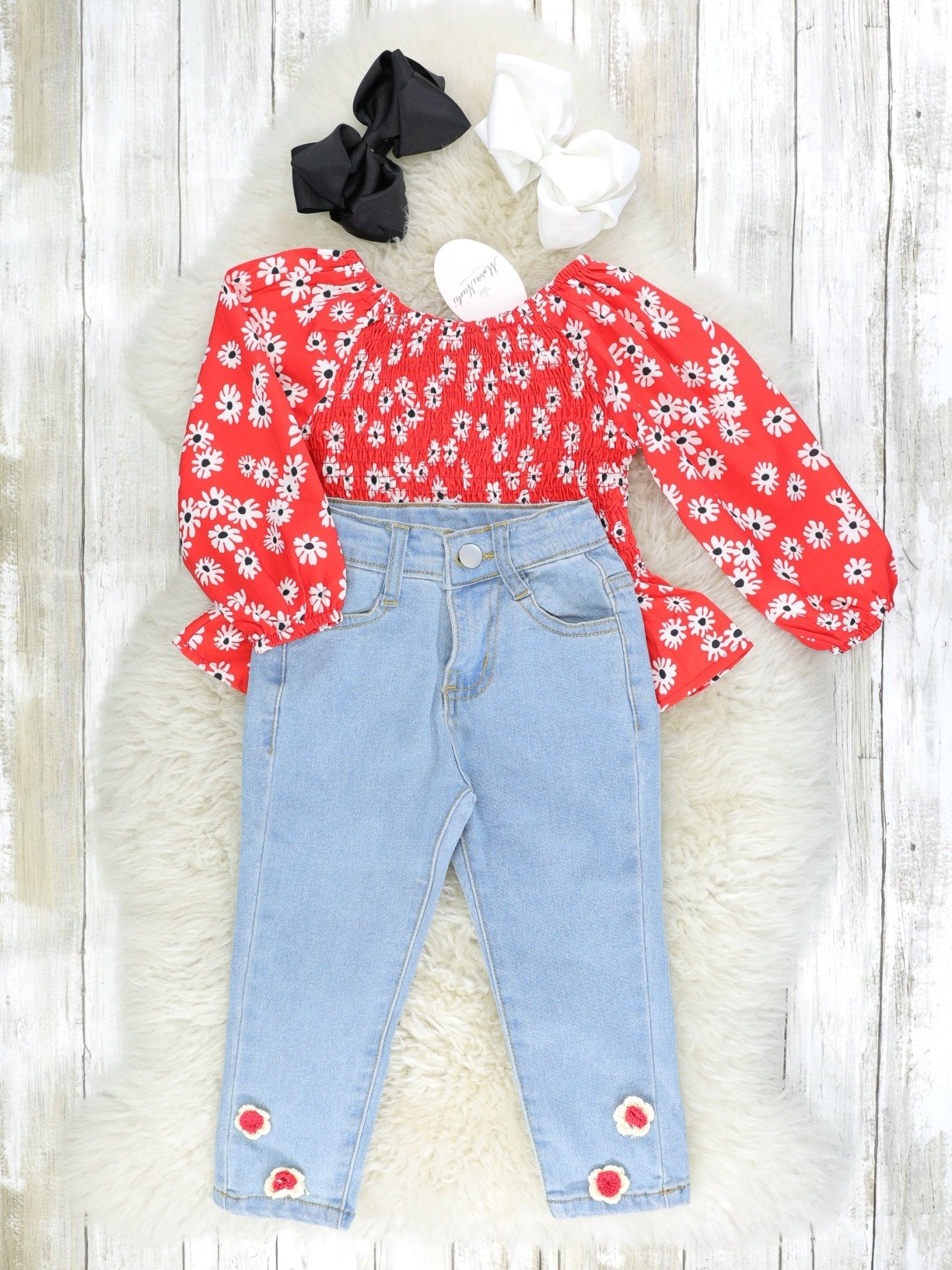 Red Floral Off - The - Shoulder Smocked Top & Denim Outfit - Marie Nicole Clothing