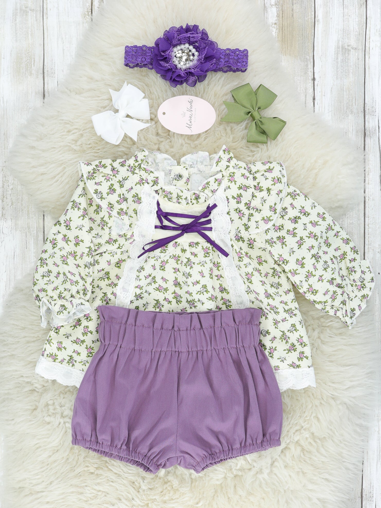 Ivory Lace Floral Top & Purple Bloomers Outfit - Marie Nicole Clothing