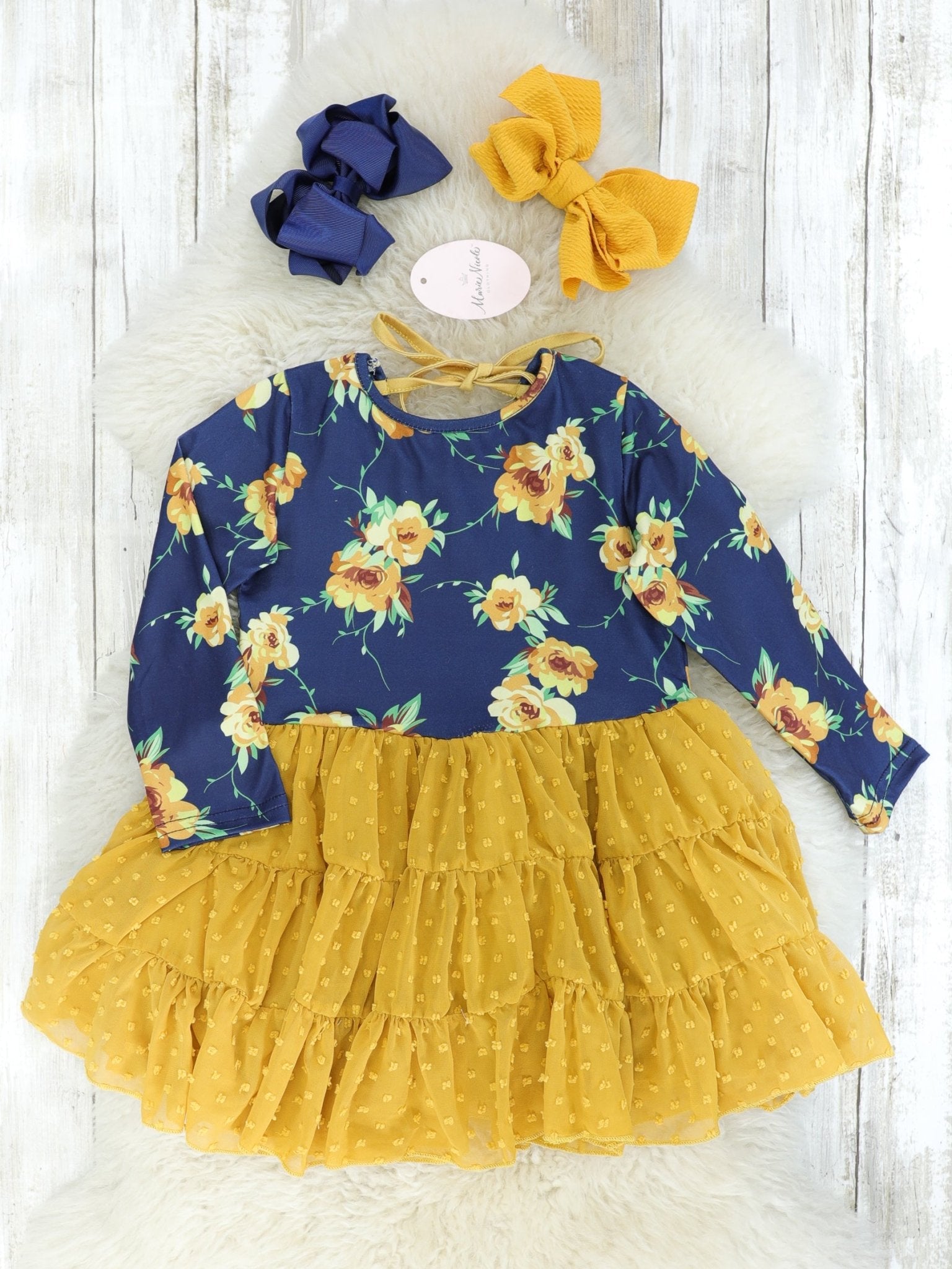 Navy & Mustard Rose Swiss Dot Dress - Marie Nicole Clothing