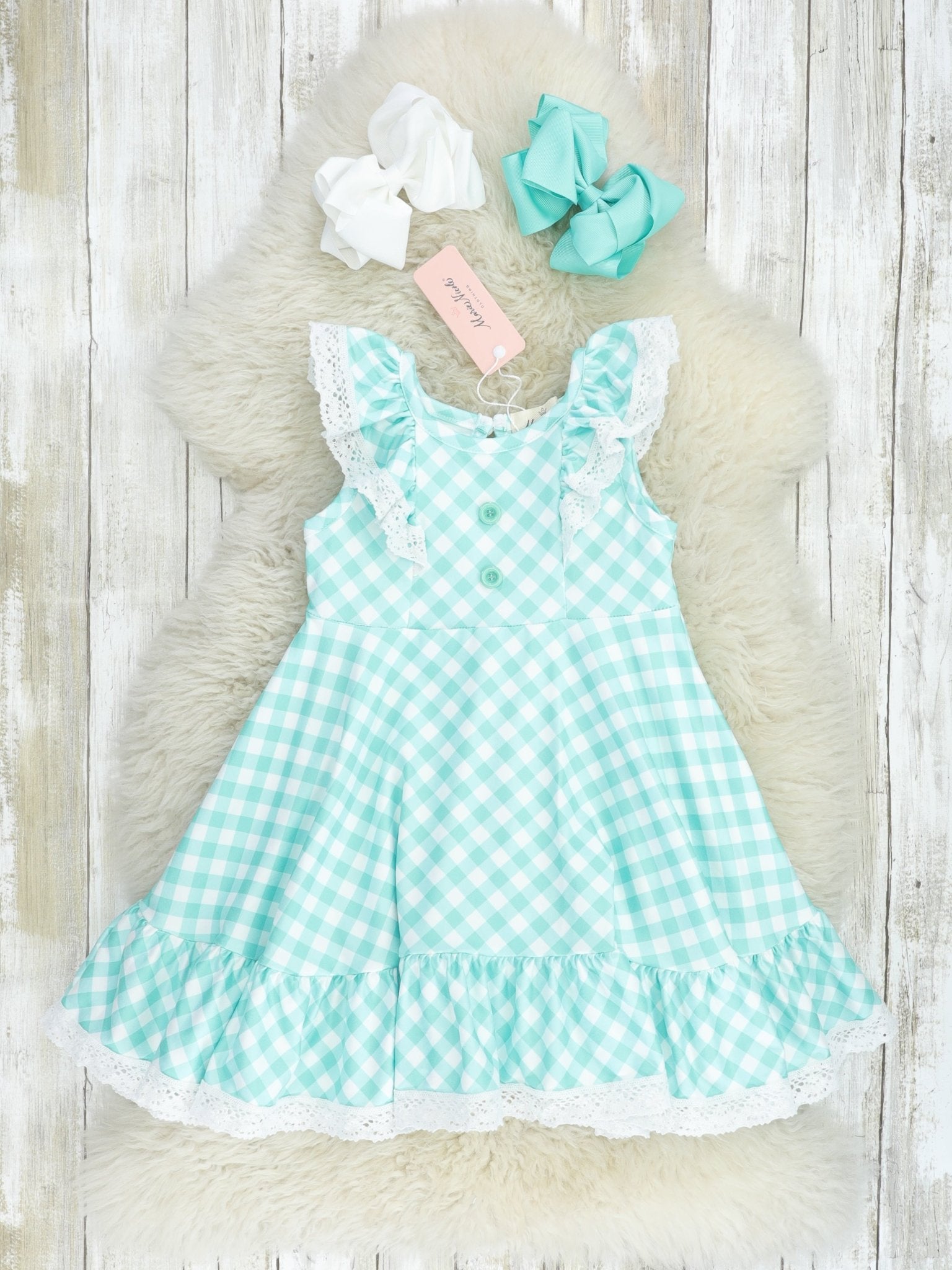 Mint Gingham Lace Ruffle Dress - Marie Nicole Clothing