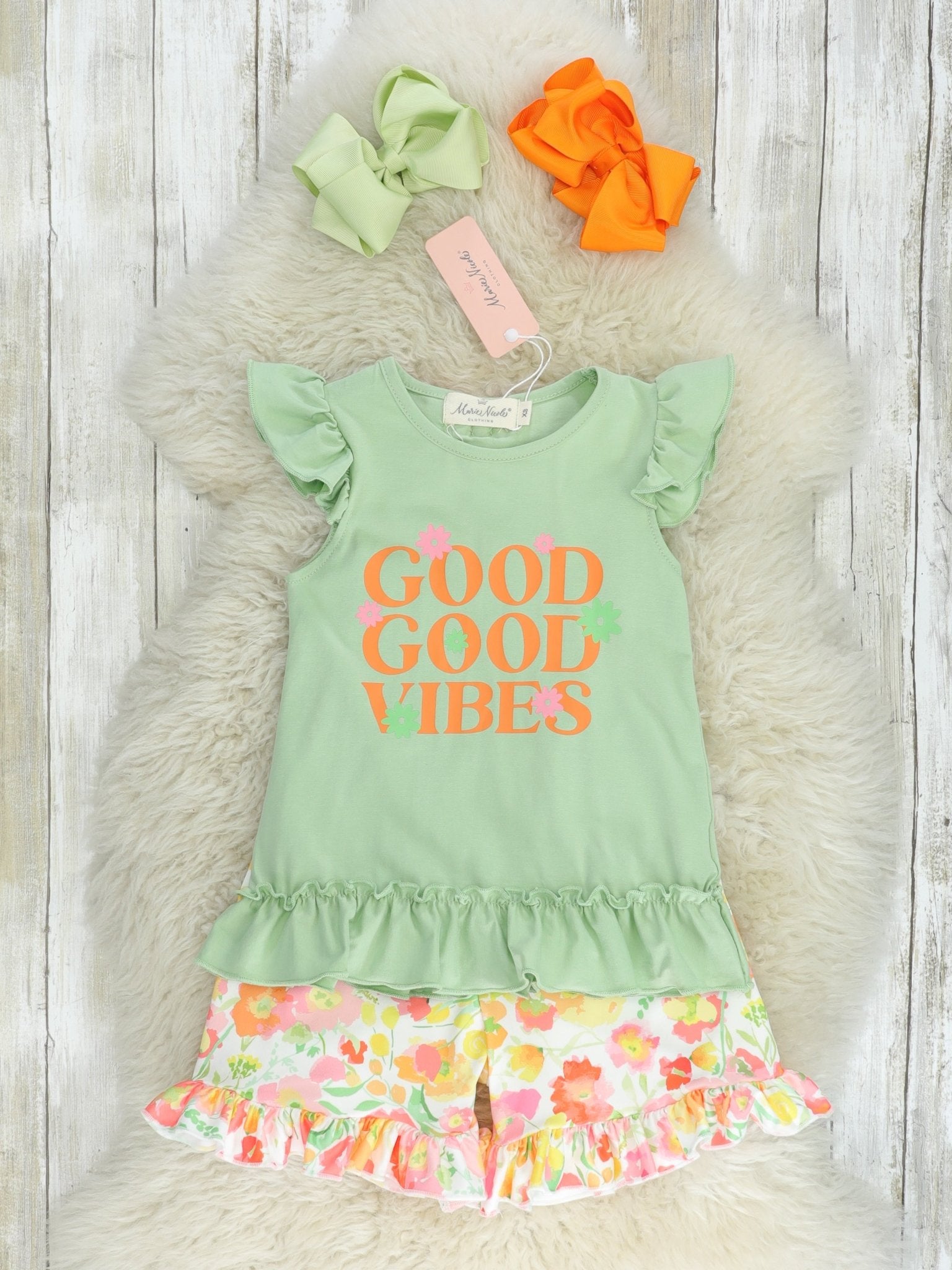 Sage "Good Vibes" Floral Ruffle Outfit - Marie Nicole Clothing