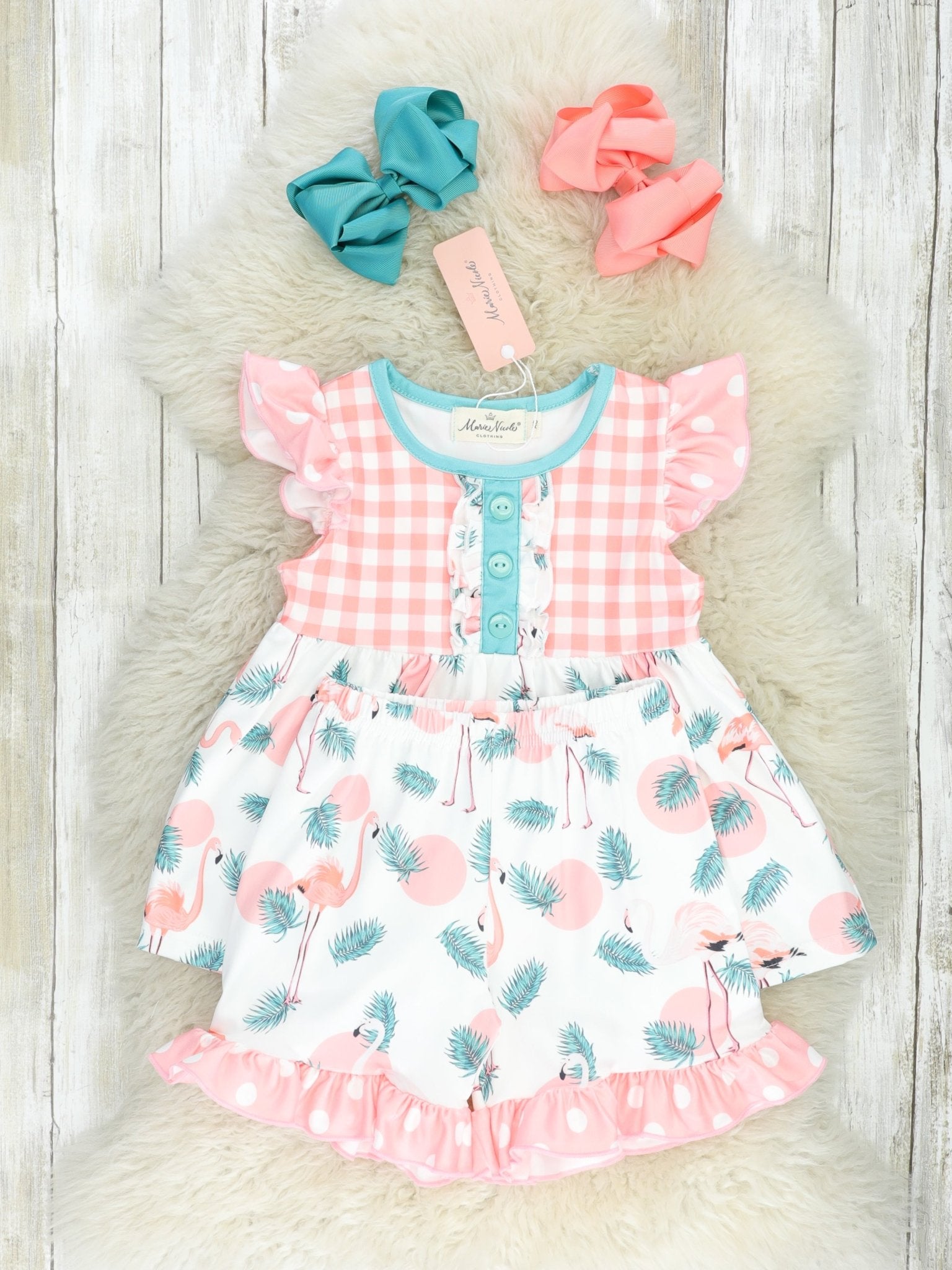 Coral Gingham Flamingo Ruffle Outfit - Marie Nicole Clothing