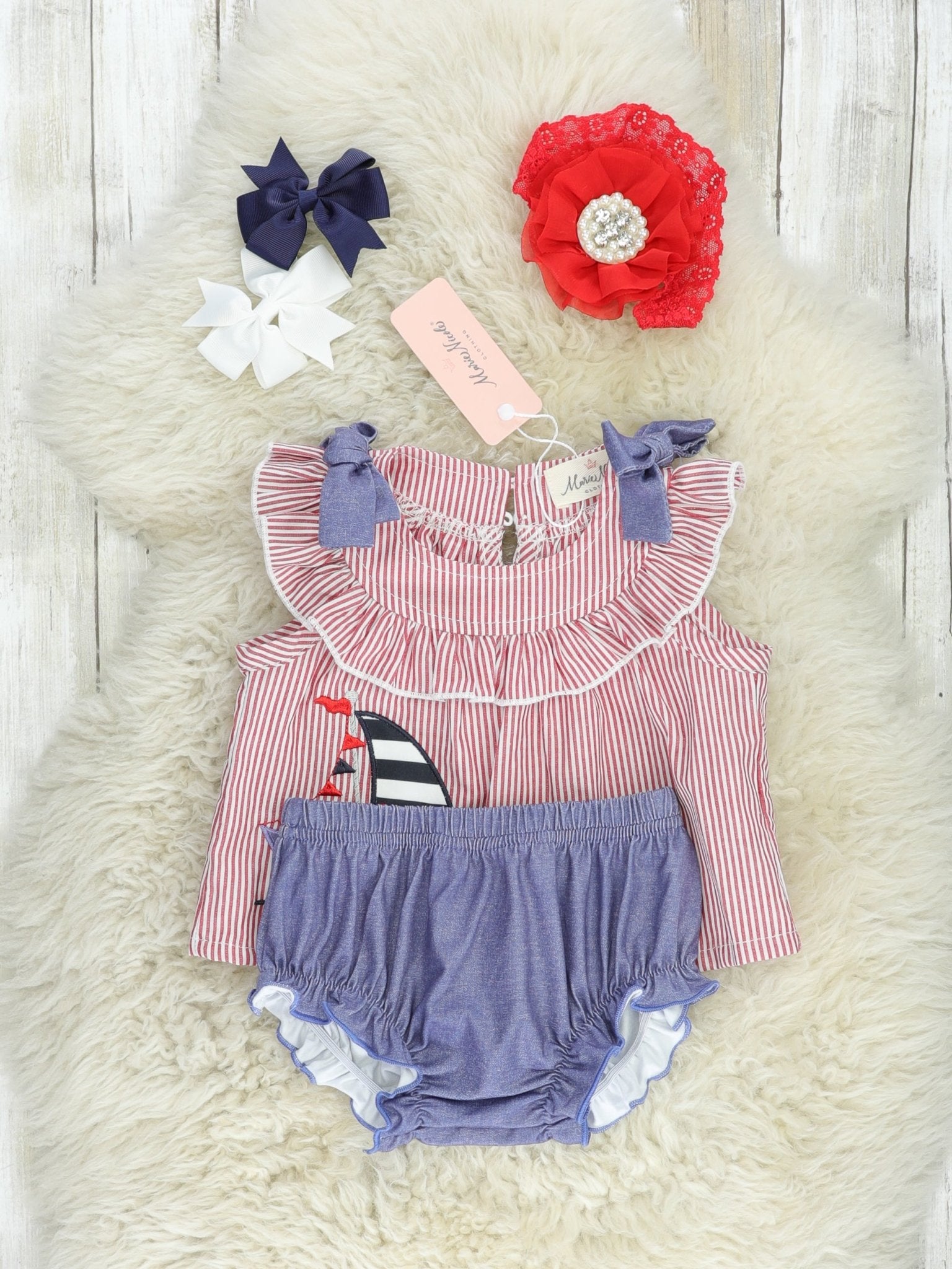 Red Pinstriped Sailboat Bloomers Outfit - Marie Nicole Clothing
