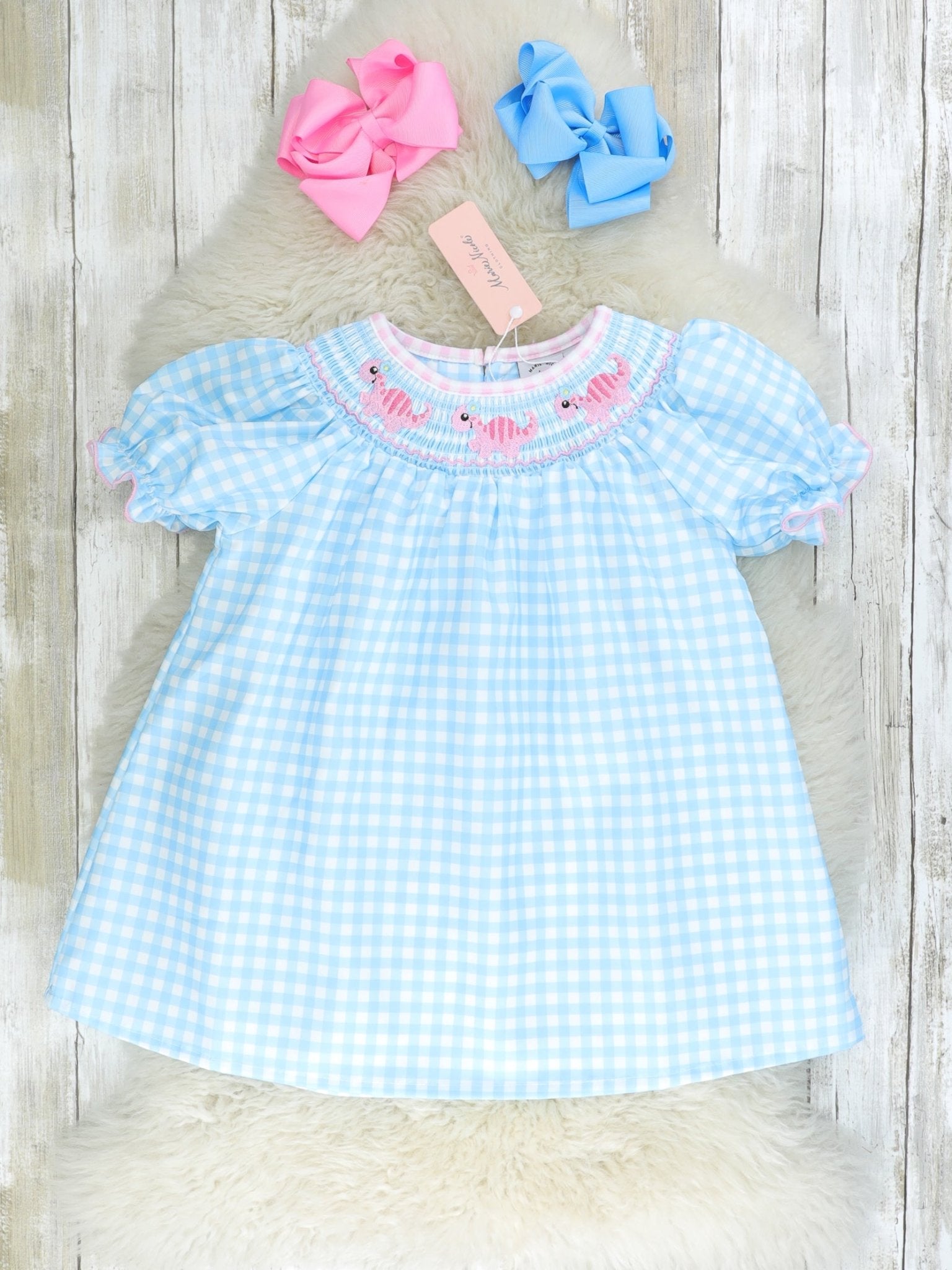 Blue Gingham Smocked Dino Ruffle Dress - Marie Nicole Clothing