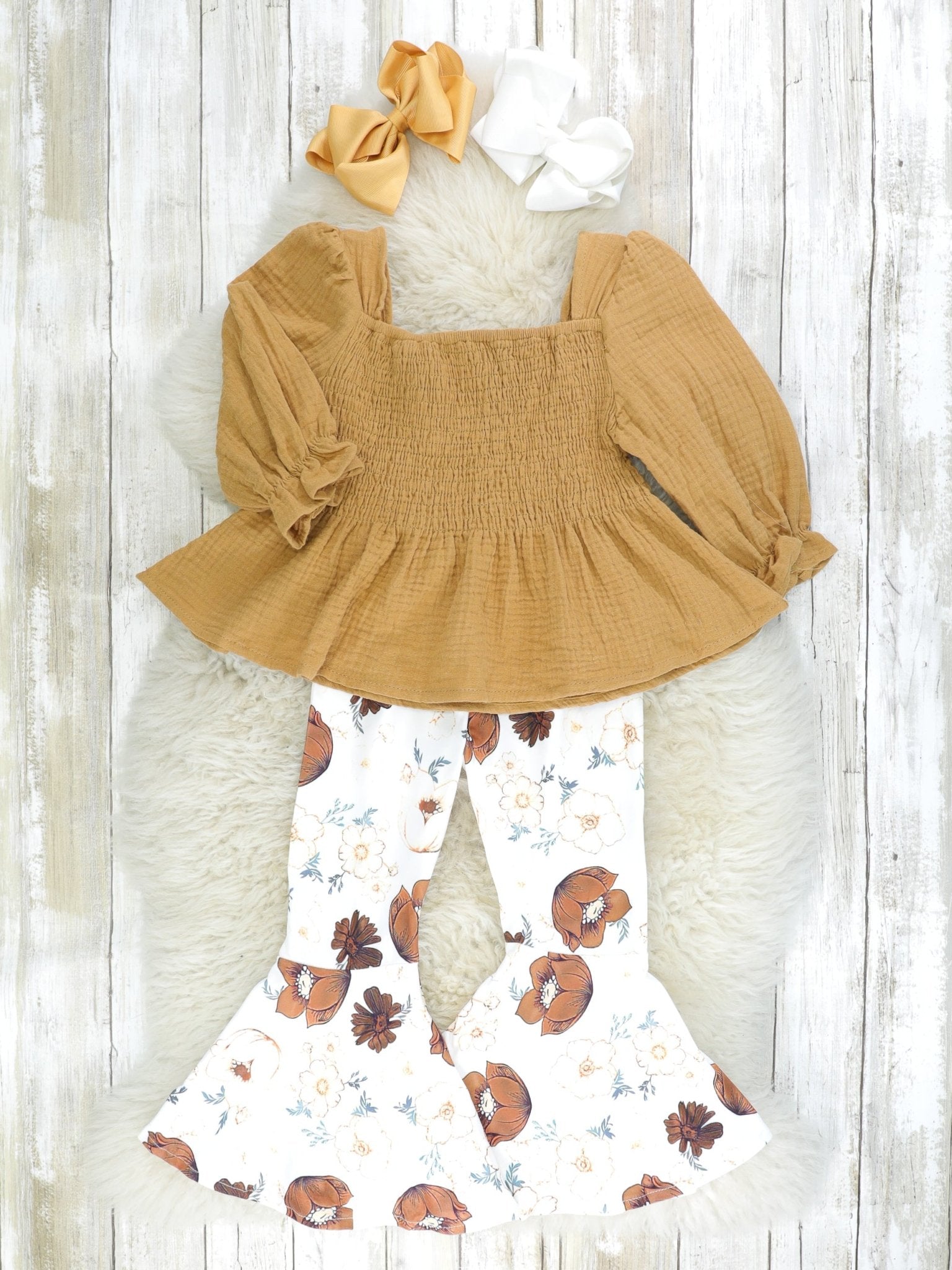 Brown Floral Ruffle Smocked Outfit - Marie Nicole Clothing