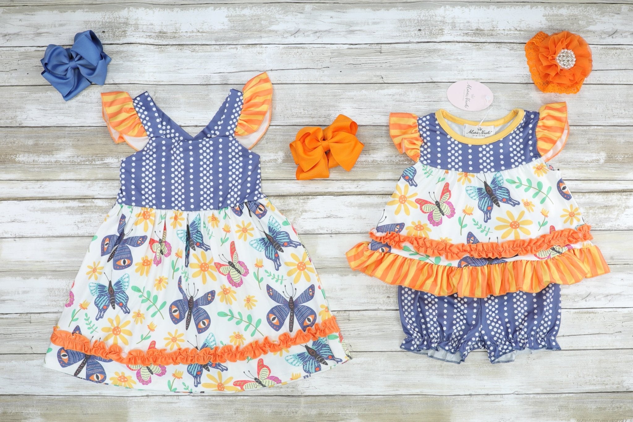 Navy Polka Dot Butterfly Ruffle Outfit - Marie Nicole Clothing