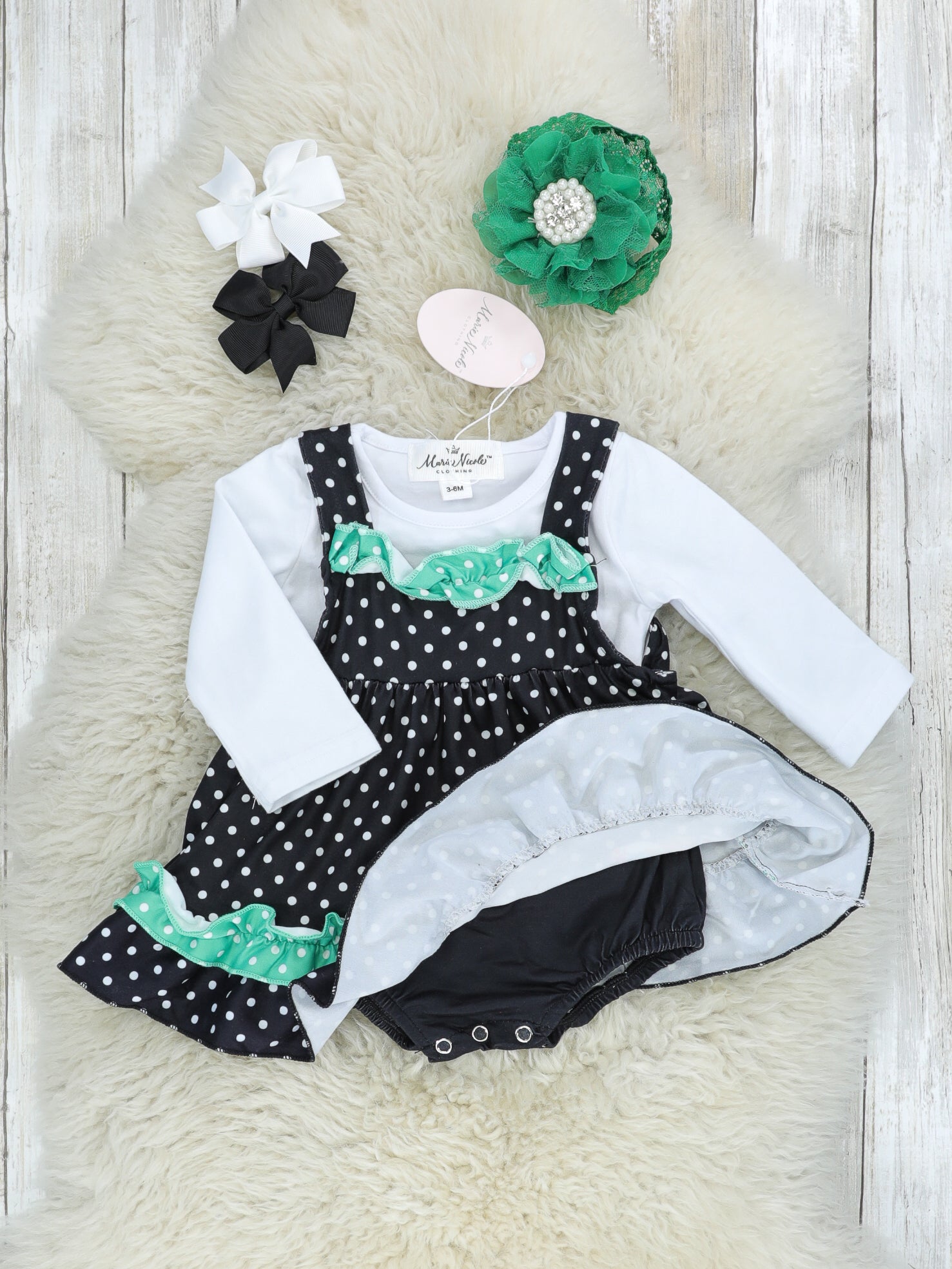 Black Polka Dot Gingerbread Romper W/ White Shirt - Marie Nicole Clothing