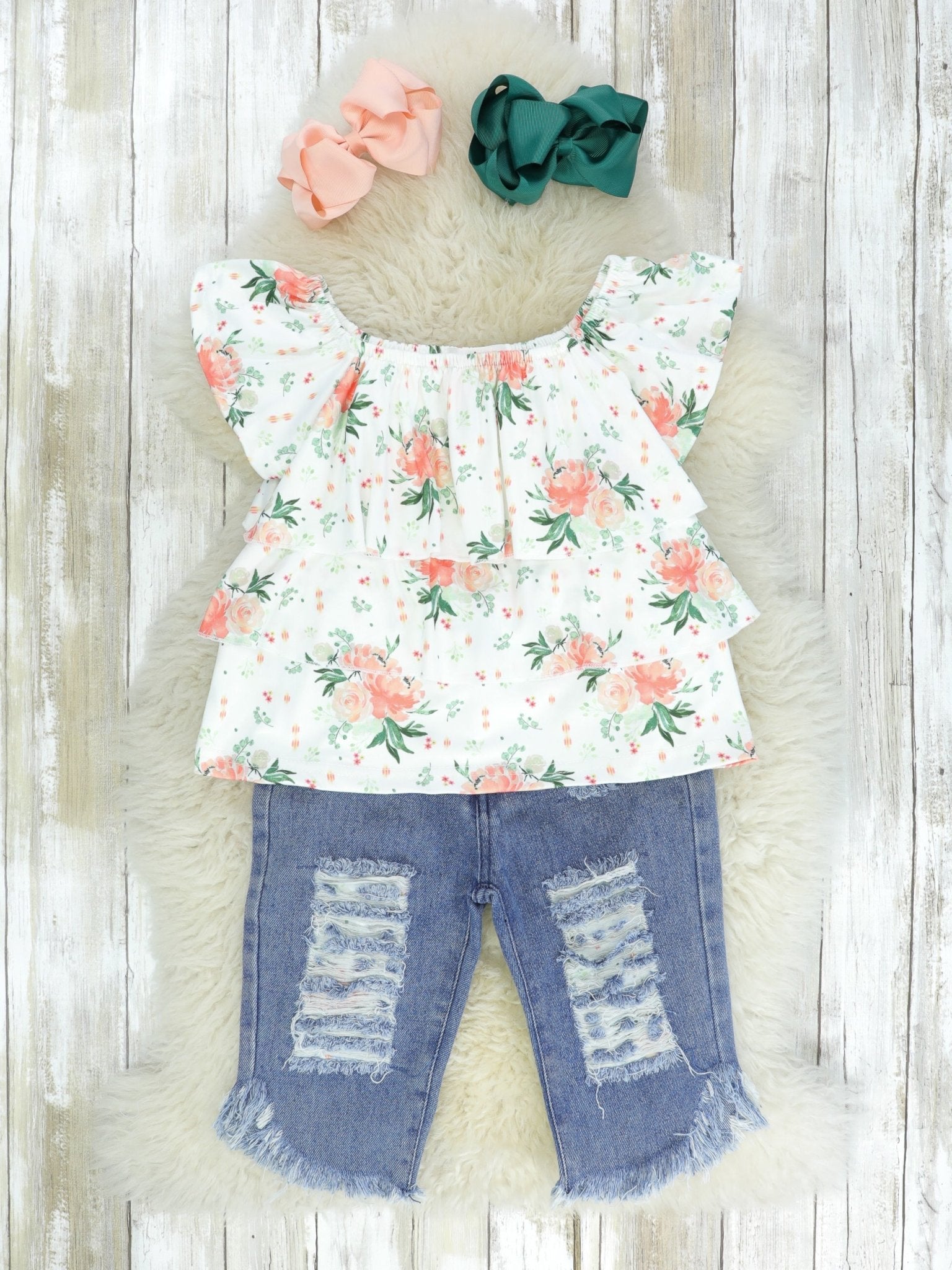 Peachy Tiered Ruffle Top & Distressed Denim Outfit - Marie Nicole Clothing