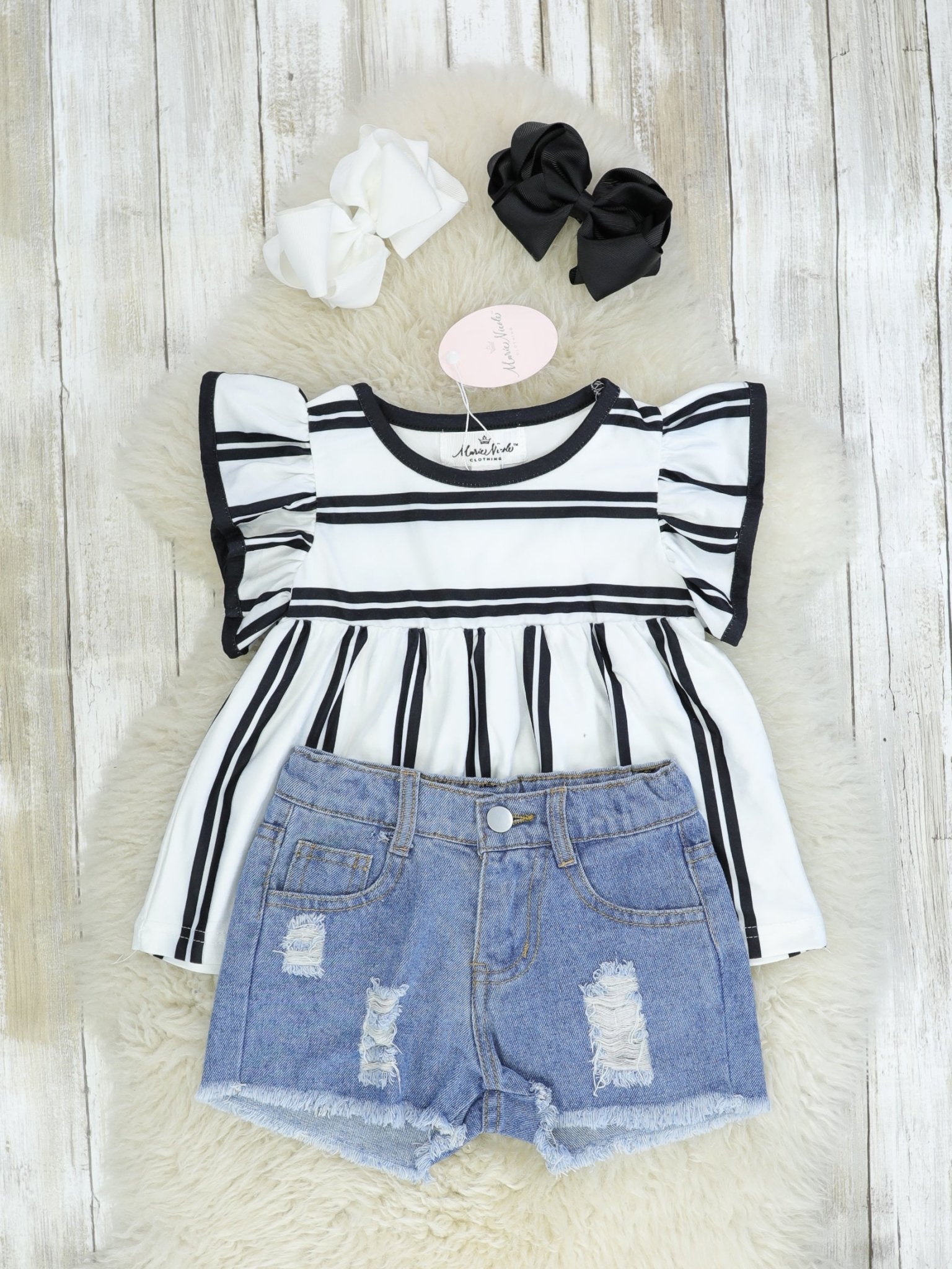 Black & White Striped Top & Distressed Denim Outfit - Marie Nicole Clothing
