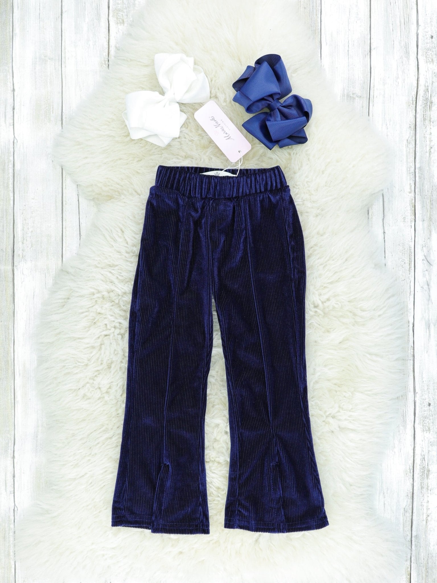 Midnight Blue Velvet Split Hem Bell Bottoms - Marie Nicole Clothing