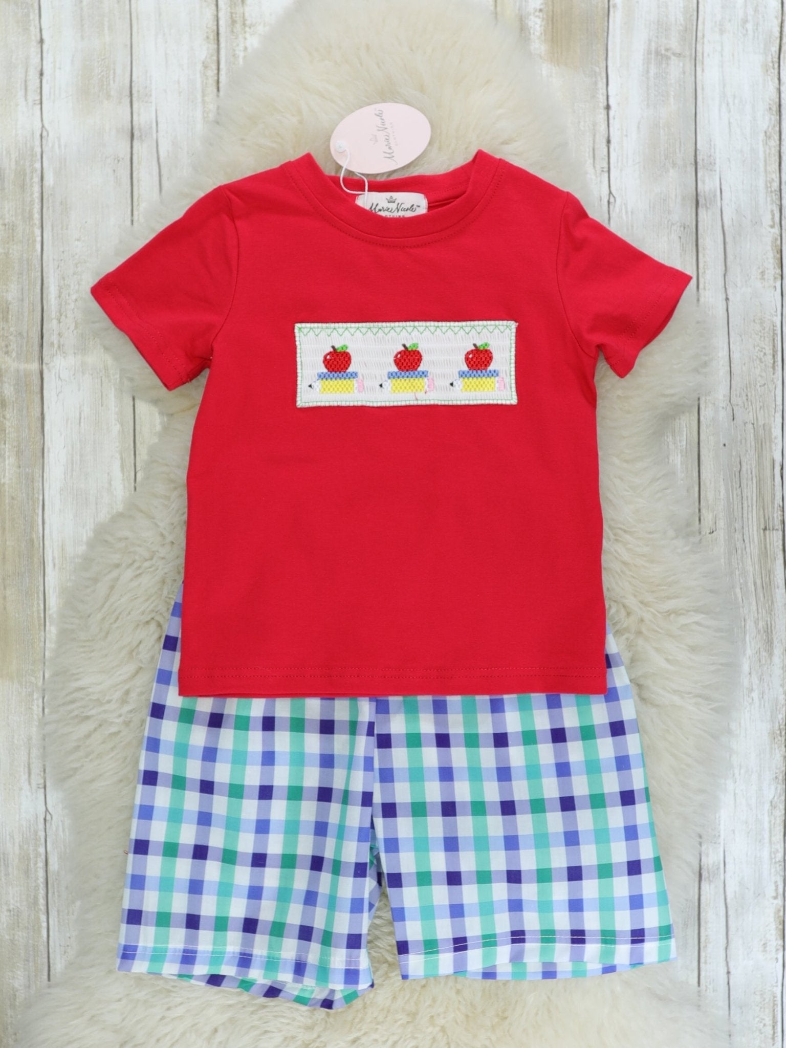 Smocked Apple Top & Plaid Shorts Outfit - Marie Nicole Clothing