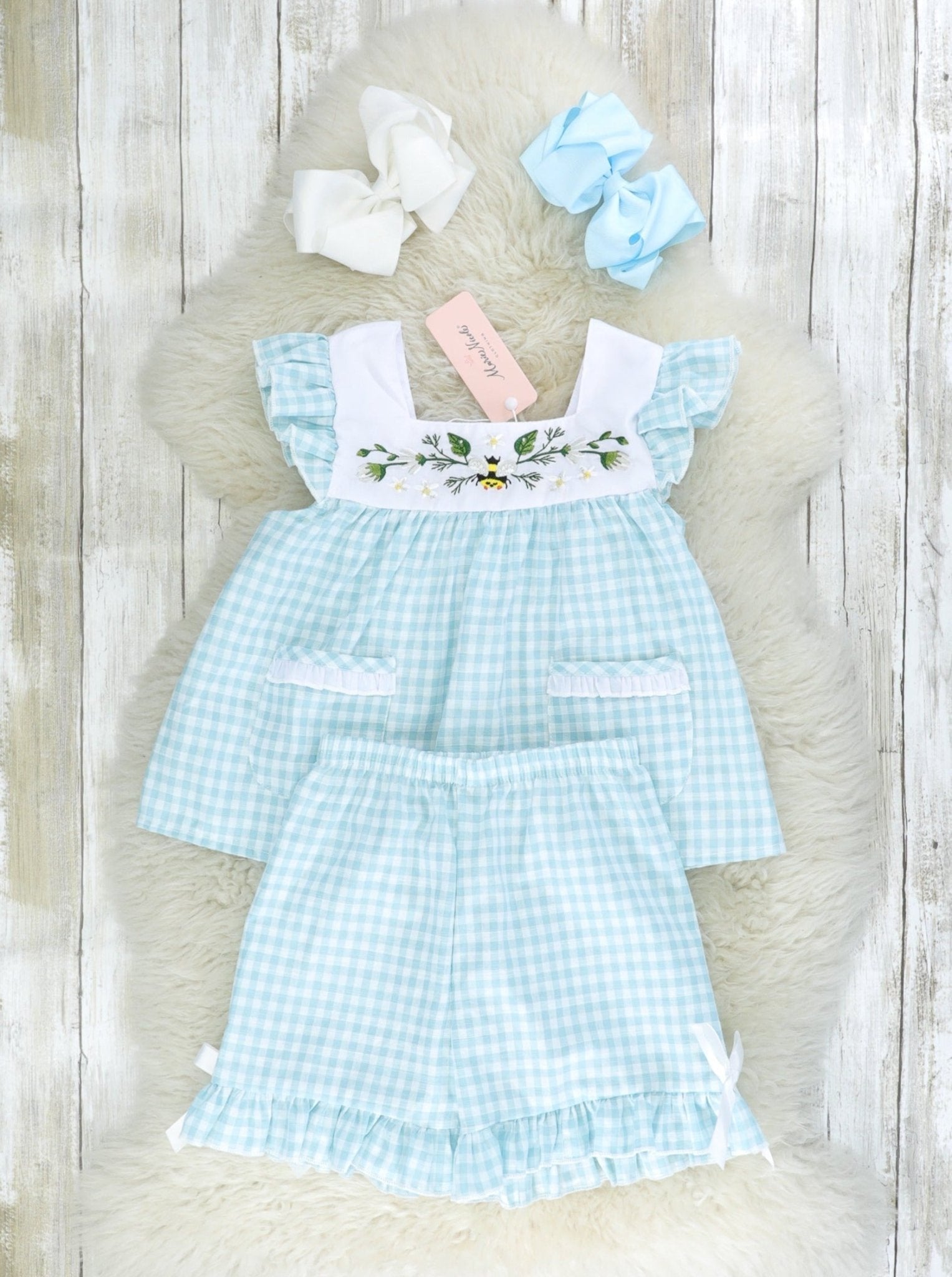 Nile Blue Gingham Bee Pocket Outfit - Marie Nicole Clothing