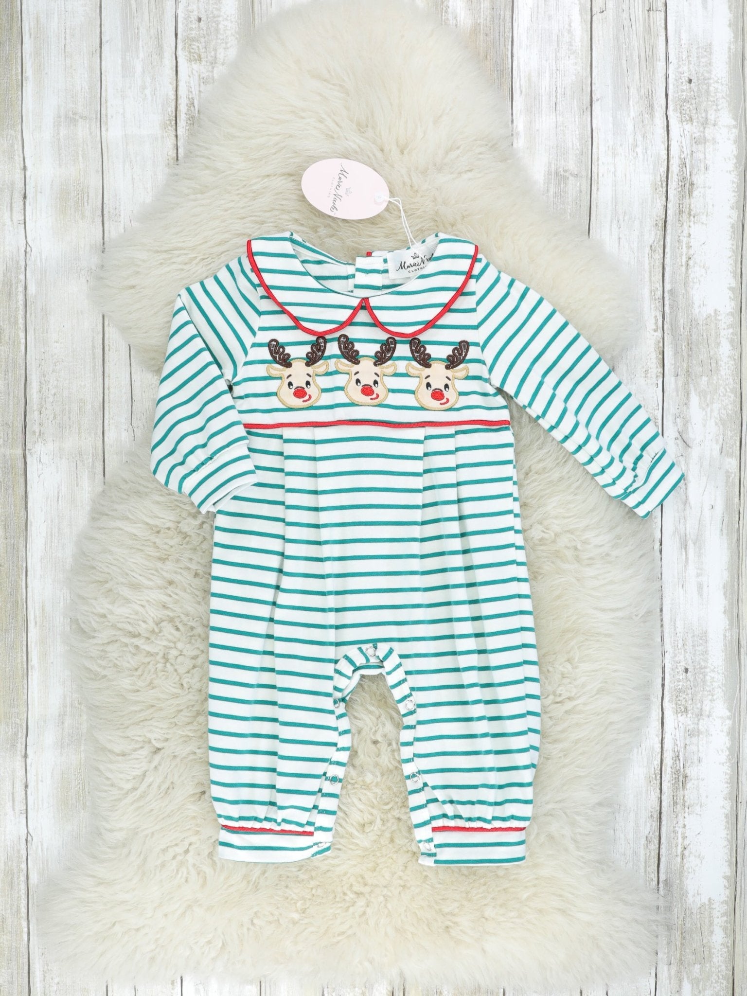 Green Striped Vintage Reindeer Romper - Marie Nicole Clothing