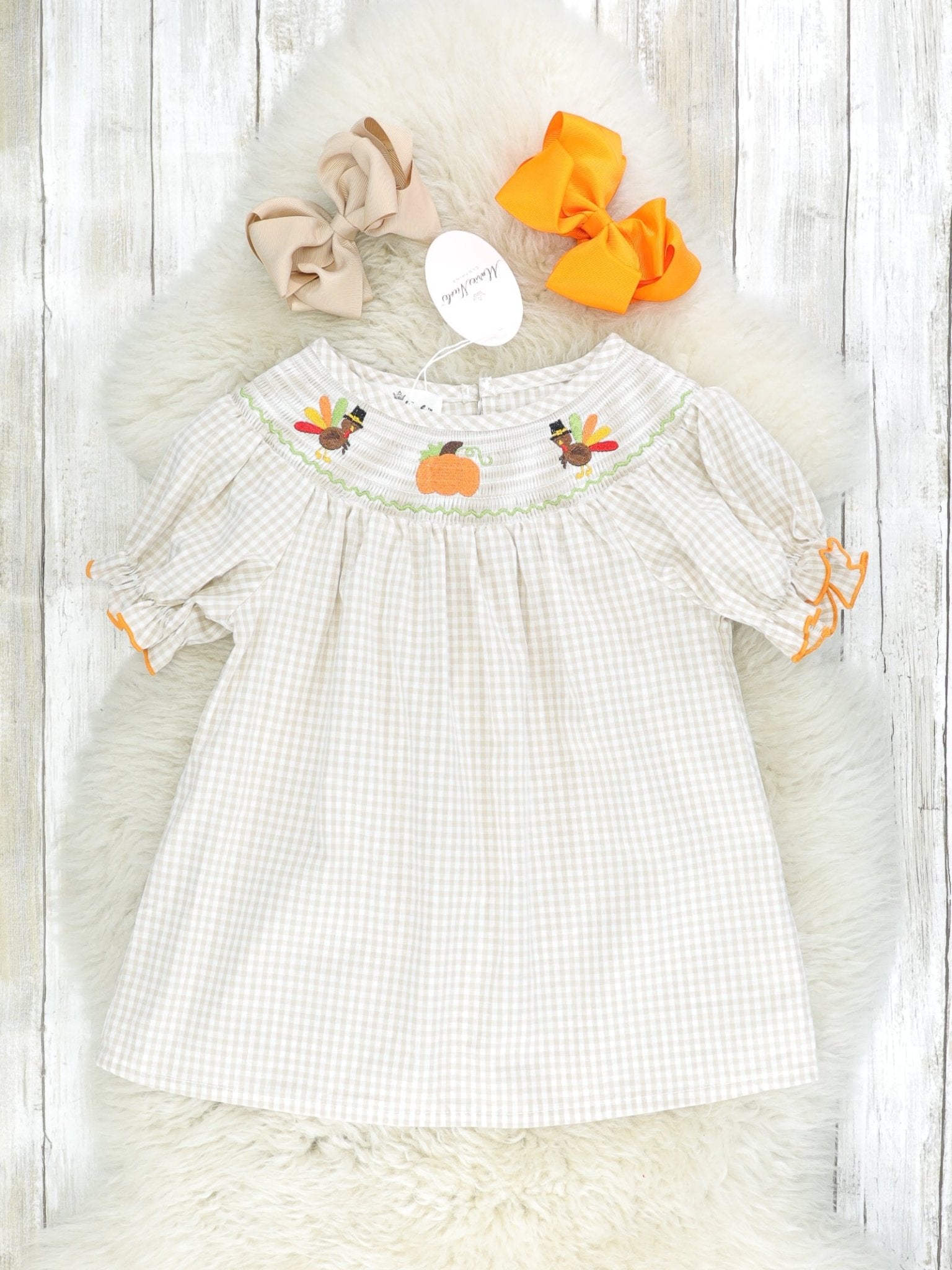 Gingham Smocked Turkey & Pumpkin Dress - Marie Nicole Clothing