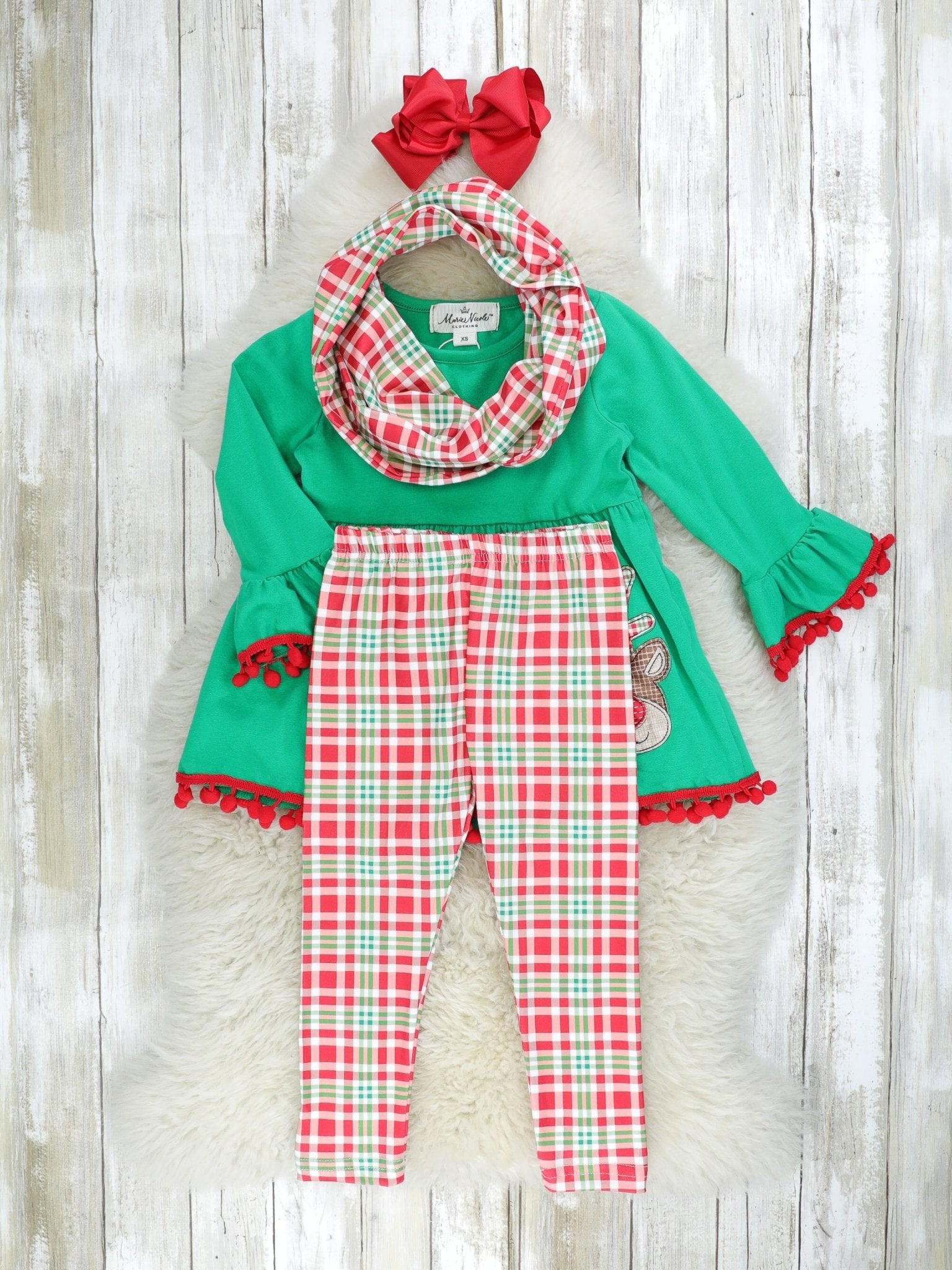 Green Reindeer Plaid 3 - Piece Outfit - Marie Nicole Clothing