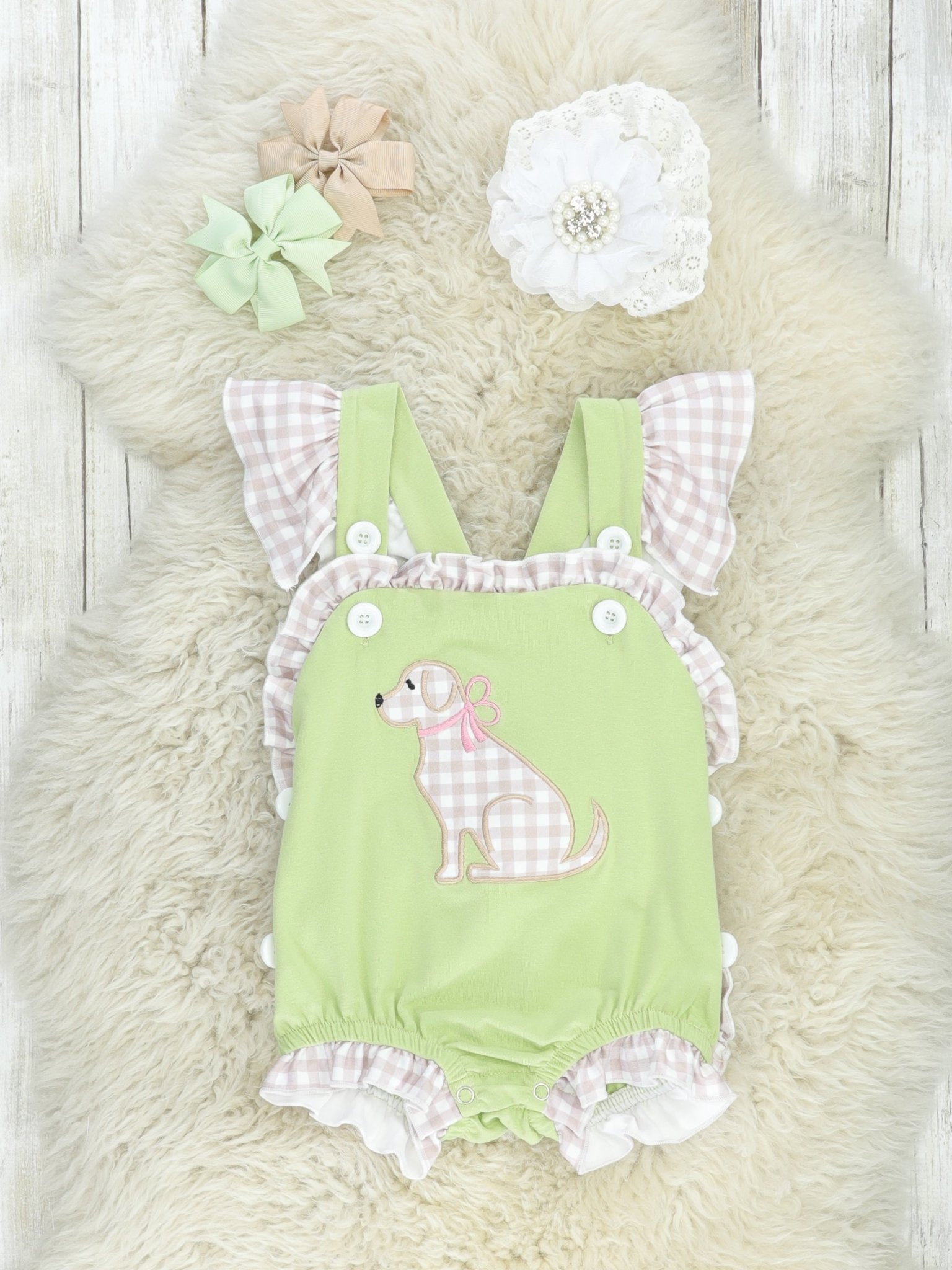 Green Gingham Dog Ruffle Bubble Romper - Marie Nicole Clothing