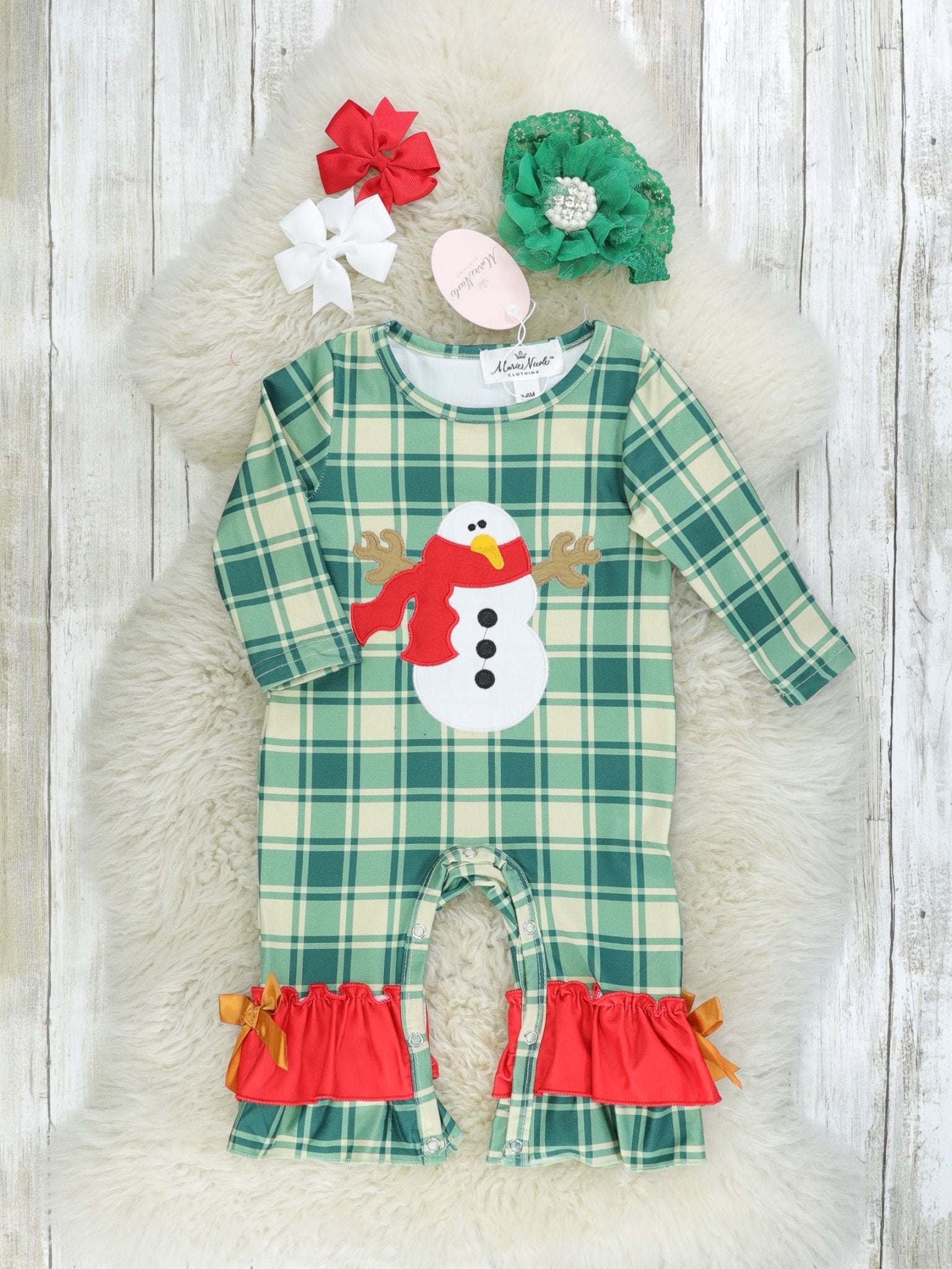 Green Plaid Snowman Ruffle Romper - Marie Nicole Clothing