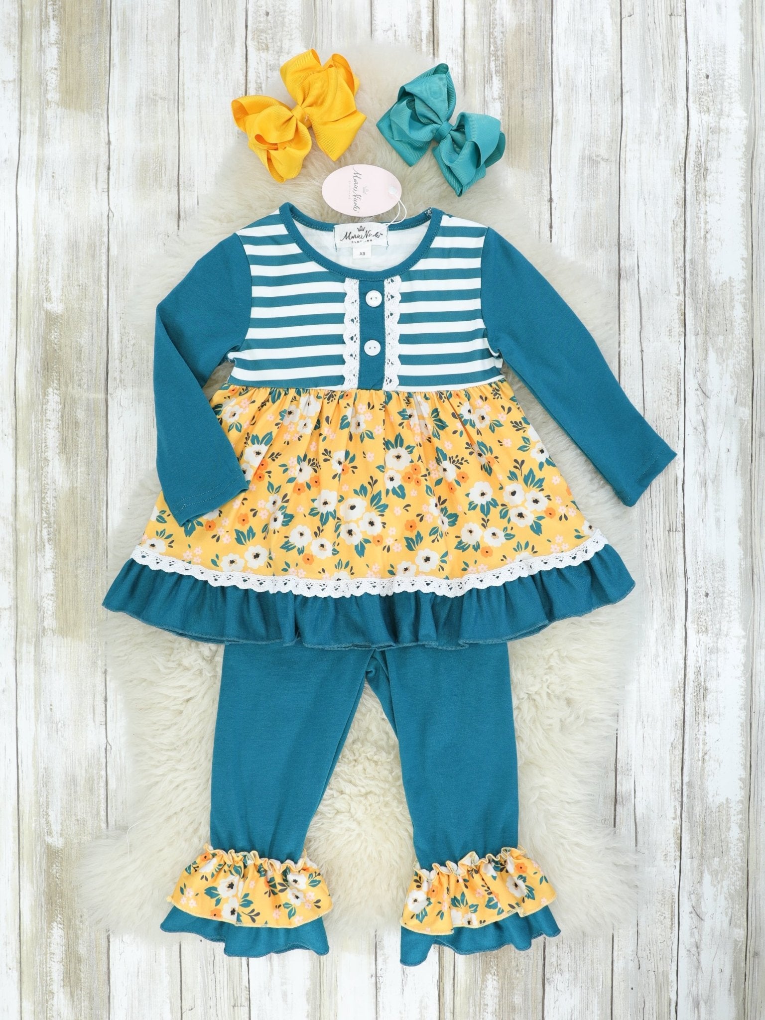 Peacock Blue Striped & Floral Ruffle Outfit - Marie Nicole Clothing