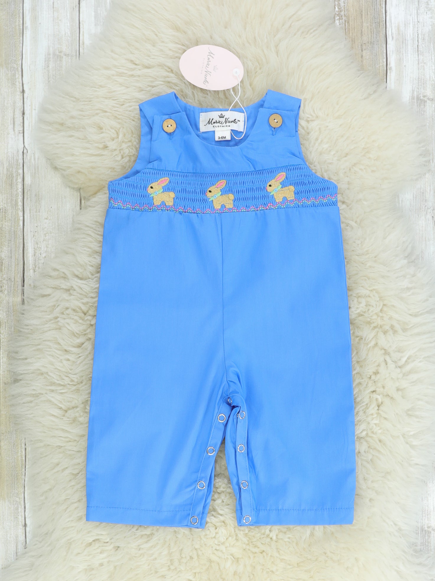 Blue Smocked Bunny Johnny - Marie Nicole Clothing