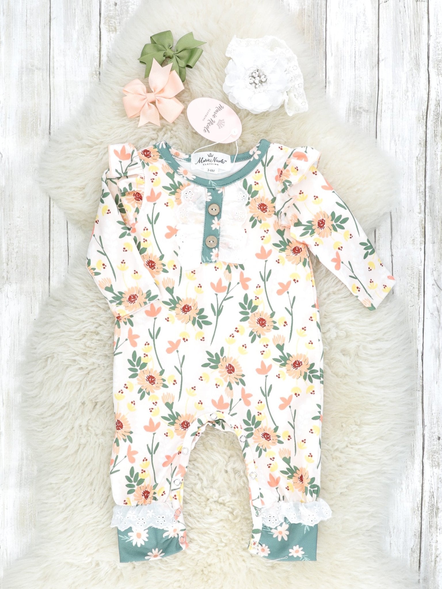 Coral & Yellow Floral Lace Ruffle Romper - Marie Nicole Clothing
