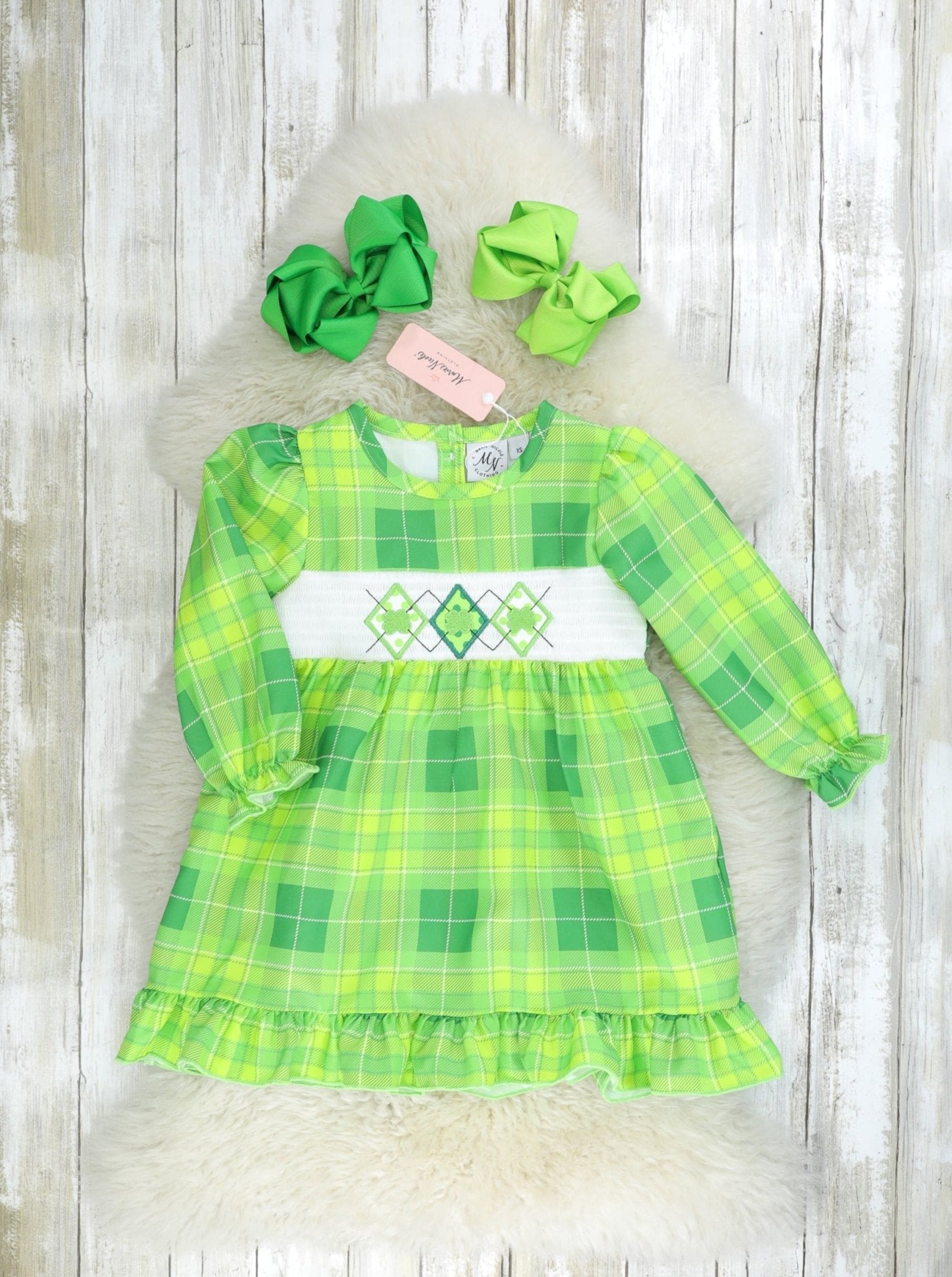 Green Plaid Smocked Clover Ruffle Dress - Marie Nicole Clothing