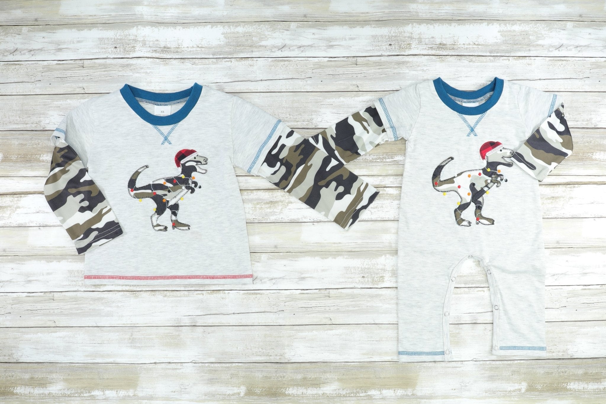 Camo Christmas Dinosaur Layered Romper - Marie Nicole Clothing