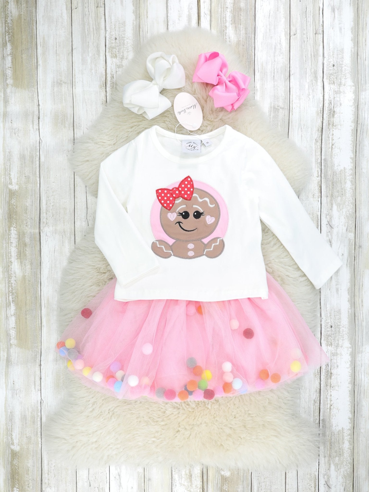 Pink Gingerbread Tulle Pom Pom Outfit - Marie Nicole Clothing