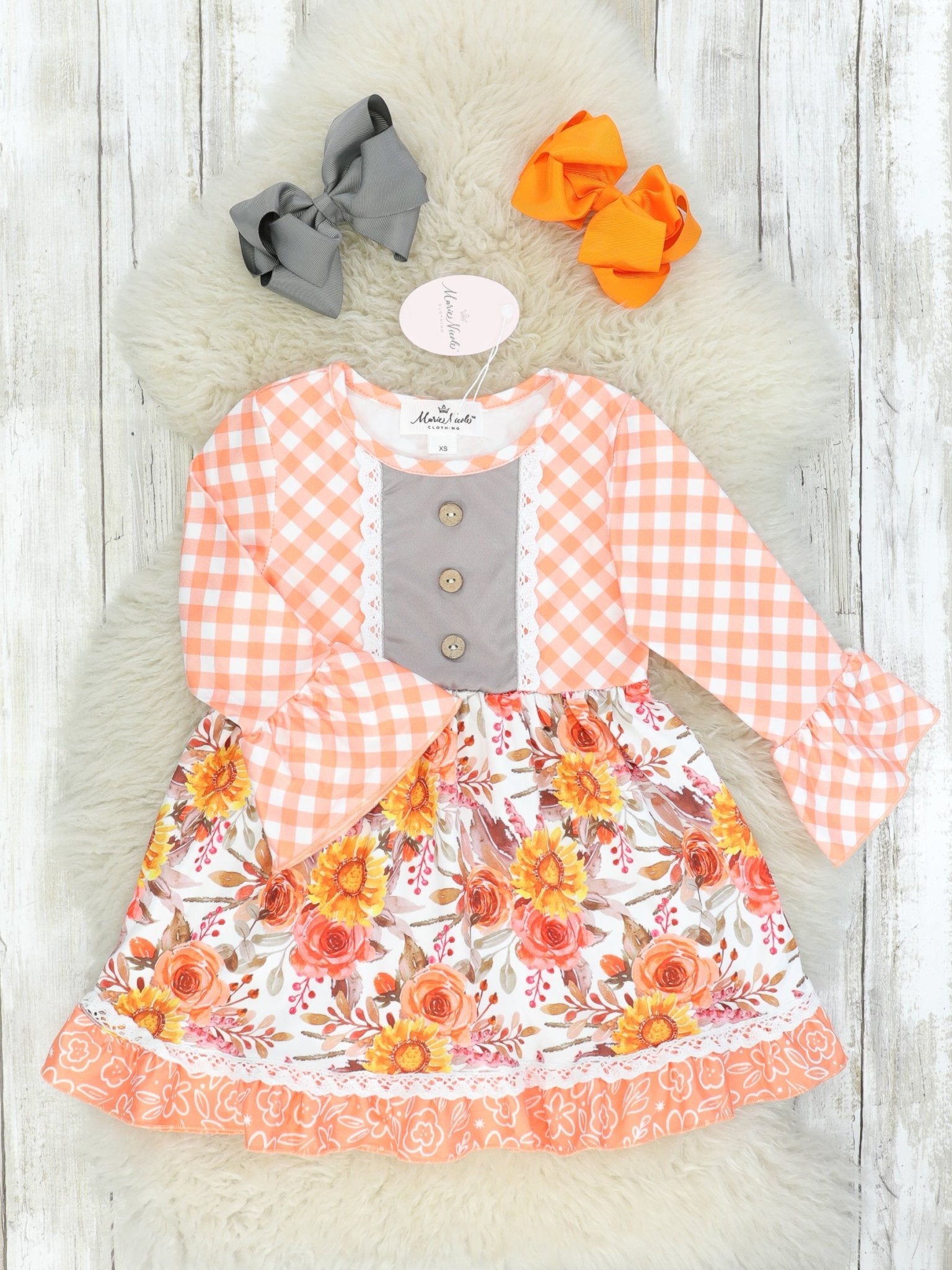Japanese Sunflower & Rose Orange Gingham Dress - Marie Nicole Clothing