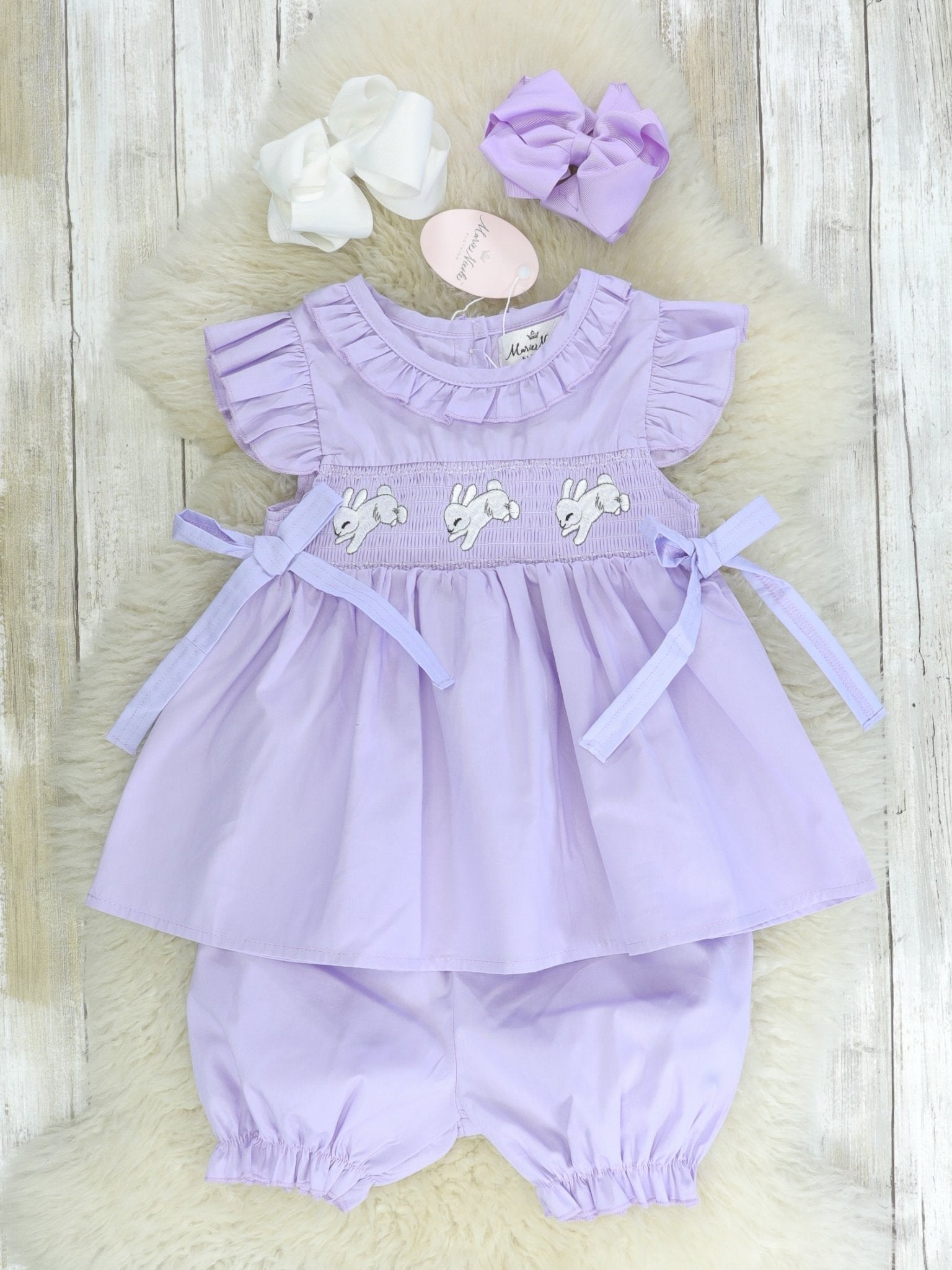 Purple Easter Bunny Smocked Ruffle Outfit - Marie Nicole Clothing