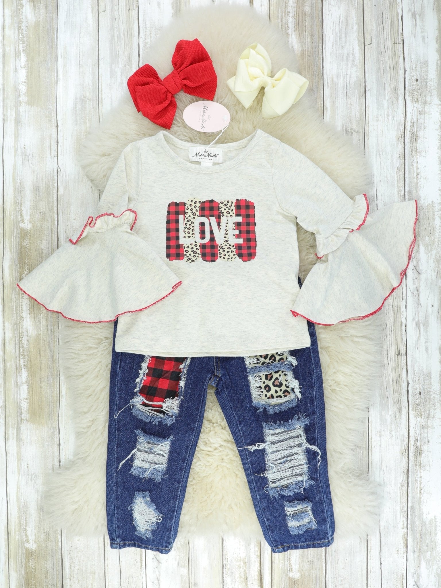 Buffalo Plaid Love Ruffle Top & Distressed Denim Pants Outfit - Marie Nicole Clothing